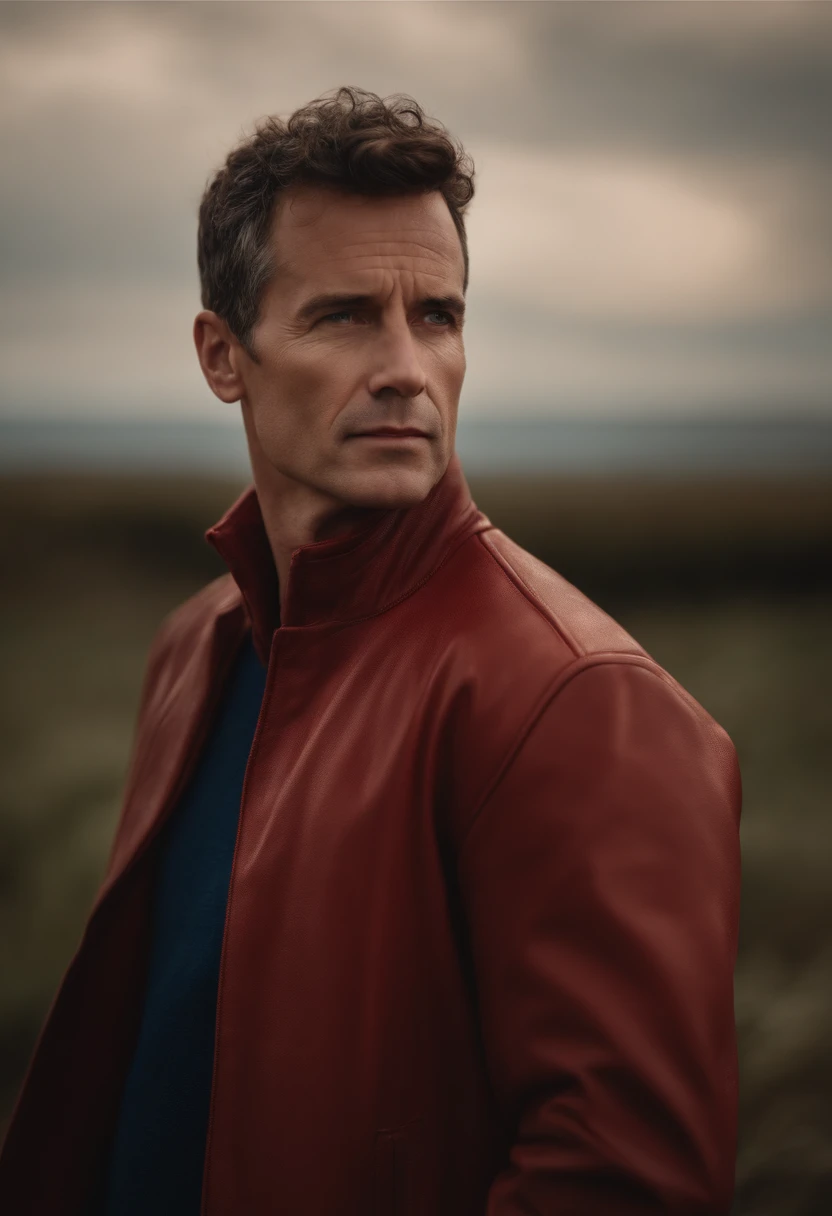 A handsom man in red, the style of patrick demarchelier. wearing a red jacket, Tall and fit, (40 years old:1.1), (shaven:1.2), (short brown hair and a little curly:1.5),(very short hair:1.6). in the style of ethereal beauty, realistic blue skies, hasselblad 1600f, hyper-realistic portraiture, bold colors, dynamic lines, smooth and polished .