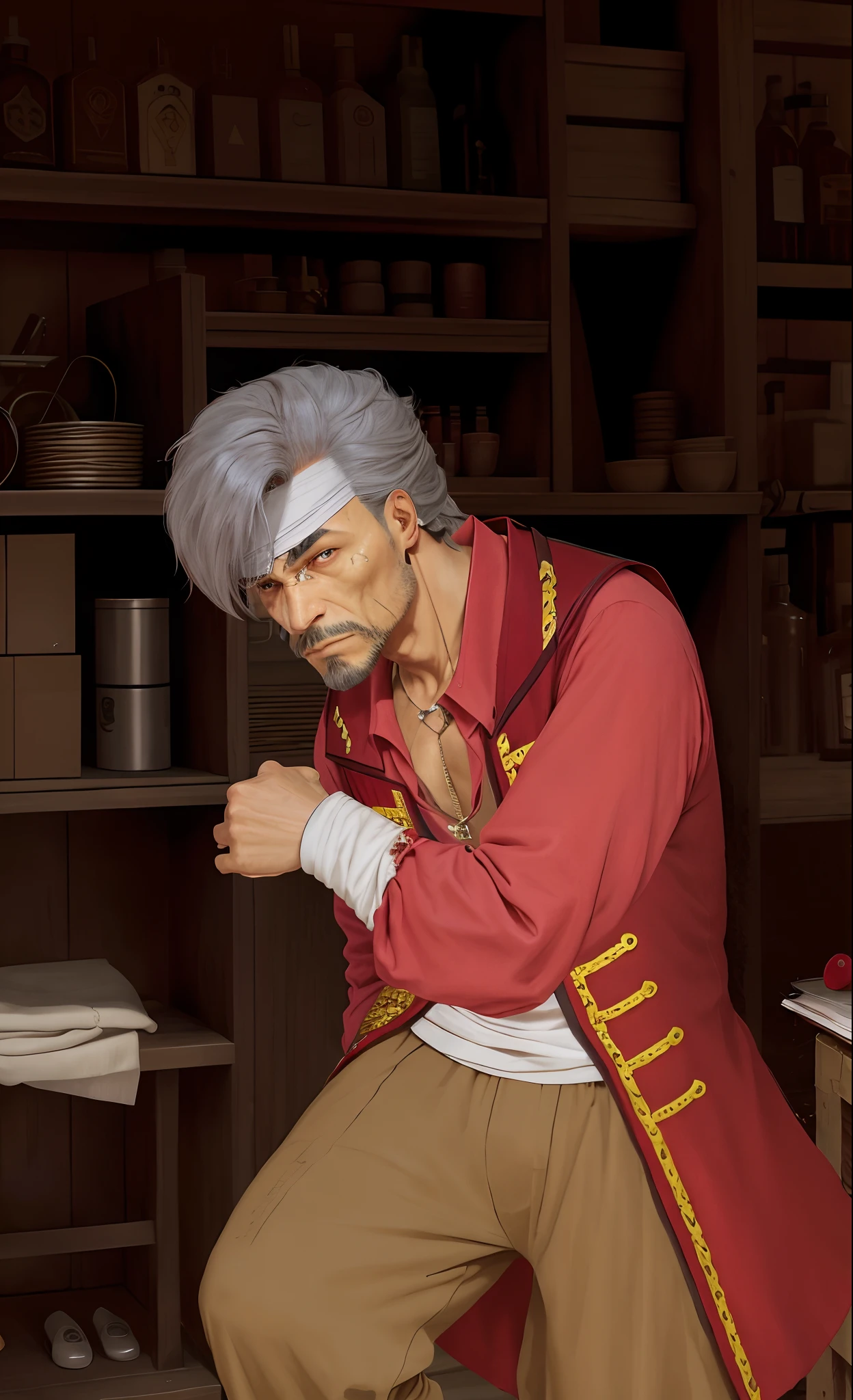 Luis de Mendoza, 1eye with blindfold, thug style clothes, simple but with details, red hair, short, very agile, a bit muscular, ready to fight, 16th century, renaissance, age of exploration, old, scar on face, age of 46, old, wrinkle, weathered, man, Deep outline, proactive, neat, impolite, assassin alike, ambitious, cold, realistic, tough, loyal, Simple-minded, hate face, angry face, cold face