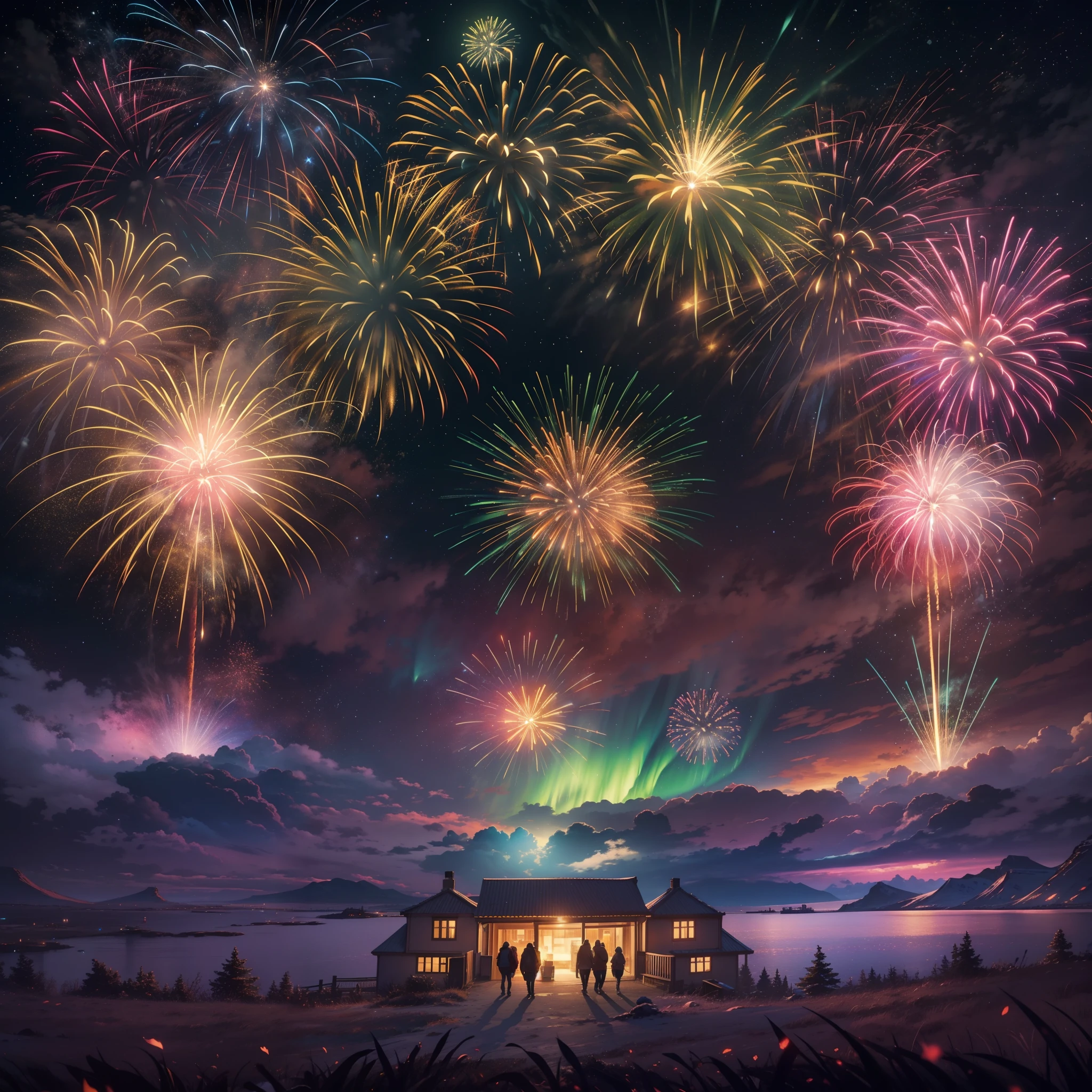 Spectacular fireworks display. The fireworks are huge，（Giant fireworks 1 with dazzling dazzling eyes.5）（Warm atmosphere1.3）（The night is full of stars1.2）cinematic Film still from，Super realistic，Movie promotional poster，Super light and shadow，Super textured，（Ultra-wide angle to watch fireworks bloom1.5）Extreme light chasing（Colorful fireworks on the background of the Northern Lights in Iceland 1.5）（Fireworks are particularly dense1.3）