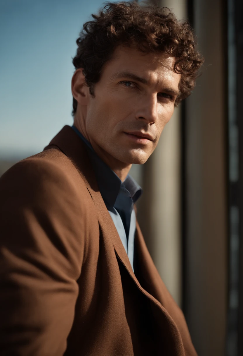 Un homme Handom (en rouge:1:1), (Dans le style de Patrick Demarchelier). porter une veste, Grand et en forme, (40 ans:1.1), (shaven:1.2), (short brown hair and a little curly:1.5),(very short hair:1.6). in the style of ethereal beauty, Realistic blue sky, Hasselblad 1600F, Hyper-realistic portrait, couleurs vives, Lignes dynamiques, lisse et poli .