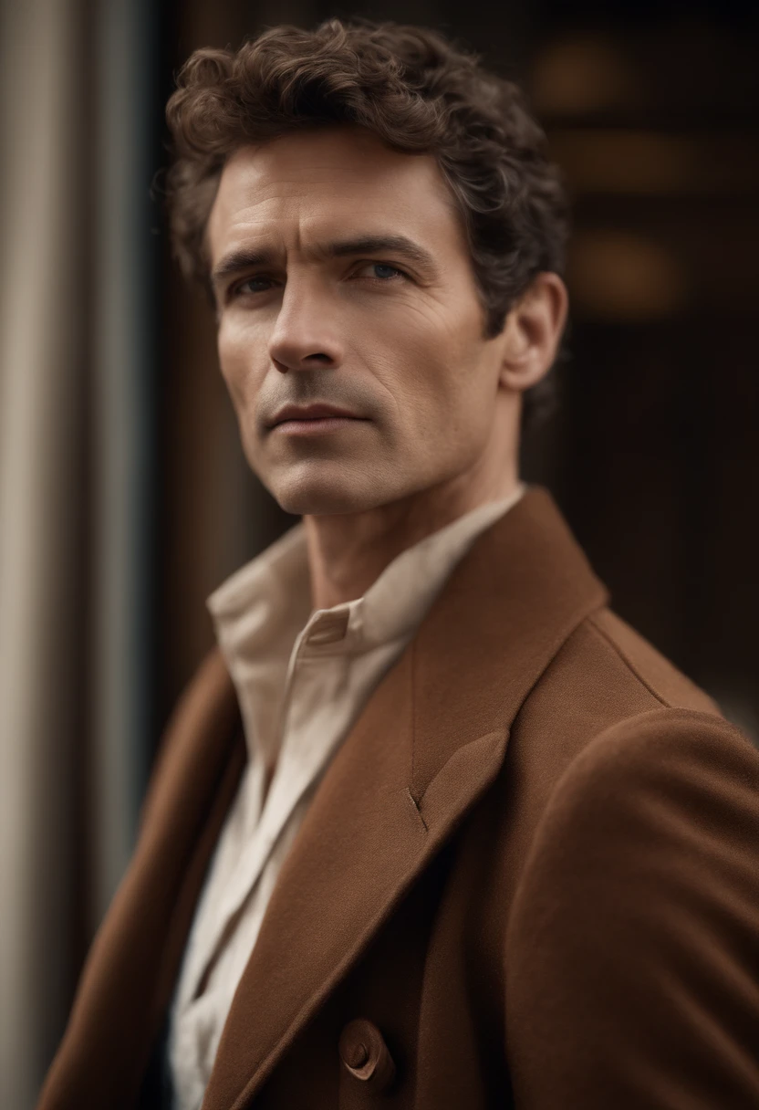 Un homme Handom (en rouge:1:1), (Dans le style de Patrick Demarchelier). porter une veste, Grand et en forme, (40 ans:1.1), (shaven:1.2), (short brown hair and a little curly:1.5),(very short hair:1.6). in the style of ethereal beauty, Realistic blue sky, Hasselblad 1600F, Hyper-realistic portrait, couleurs vives, Lignes dynamiques, lisse et poli .