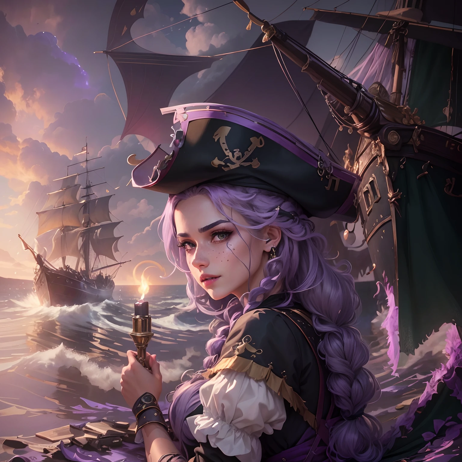 high quality, super realistic, pirate hat, a 20-year-old Pirate Maiden with a celestial beauty rivaling the stars, Picture her poised at the helm of a grand pirate ship, her silhouette defined against the shimmering night sky of a crimson moon, The vessel itself is a maritime masterpiece, adorned with intricate carvings, polished brass embellishments, and an array of mystical symbols, The Scarlet Moonlit Pirate dons a resplendent ensemble blending midnight blues with silvery hues, adorned with delicate lace and glistening gemstones, A star-like pendant gracefully hangs around her neck, emphasizing her bewitching aura, by yukisakura, high detailed, --auto --s2