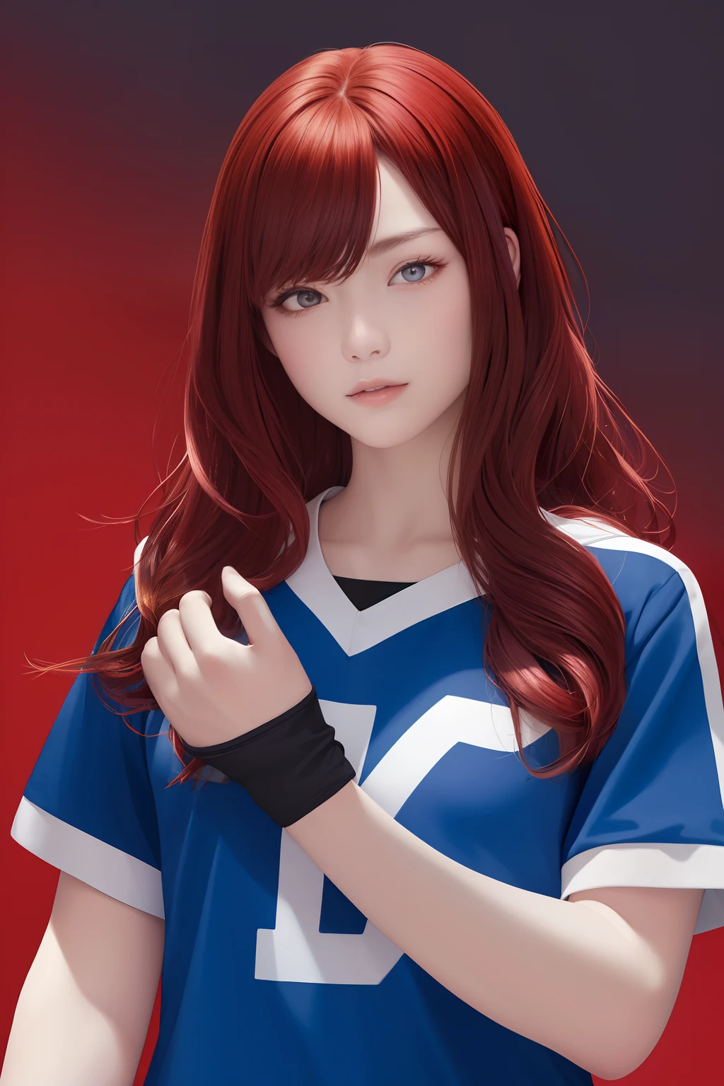 The upper part of the body、an oil painting、masterpiece、top-quality、hight resolution、long red hair、black backgrounds、bustshot、long、Loose and fluffy perm、Blue football jersey、blue uniforms、Short sleeve uniform、