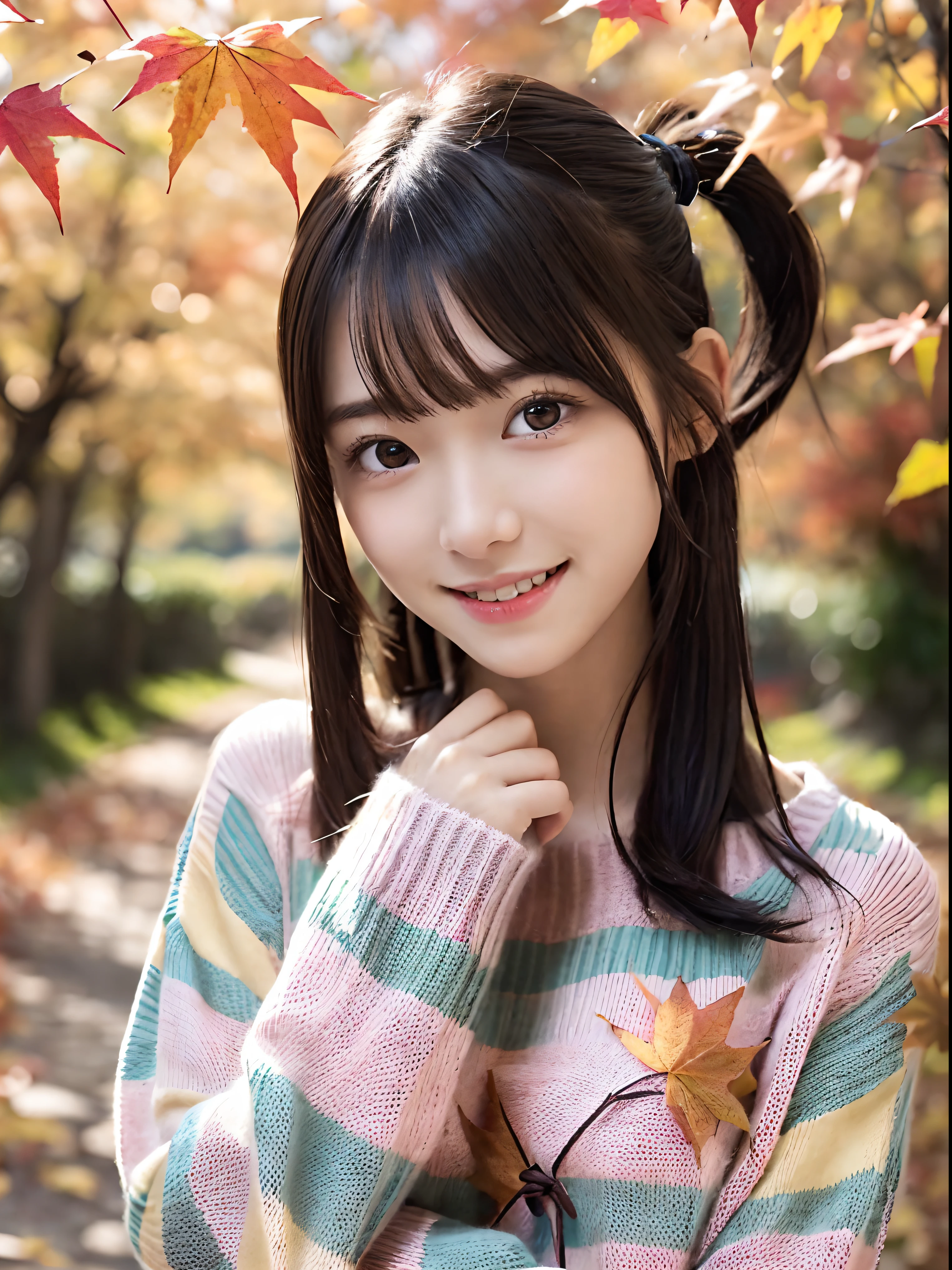 (Close up portrait of one girl with slender small breasts with twin-tailed hair in colorful autumn shirt and sweater:1.5)、(Girl standing on edge of screen smiling with open arms:1.3)、(Beautiful autumn foliage background :1.3)、(Perfect Anatomy:1.3)、(complete hands:1.3)、(complete fingers:1.3)、Photorealsitic、Raw photography、masutepiece、top-quality、hight resolution、delicate and pretty、face perfect、Beautiful detailed eyes、Fair skin、Real Human Skin、pores、((thin legs))、(Dark hair)