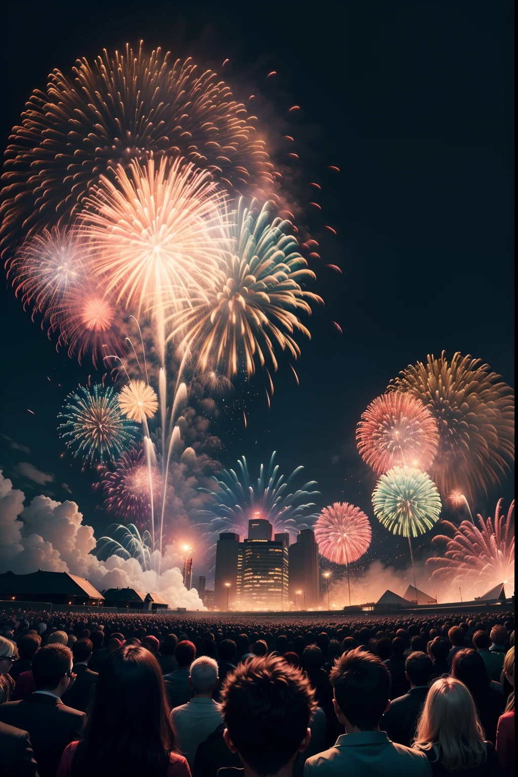 A image of a spectacular fireworks show, with huge fireworks shooting up into the sky, creating a firework dragon, brilliant bursts of color and dazzling sparkles lighting up the night, crowds of people gazing in awe and cheering, the air filled with the sound of explosions and crackling fireworks, smoke and embers swirling in the air, a festive atmosphere with vibrant music playing in the background, the scene set in a spacious park with a clear night sky as the backdrop, excitement and joy filling the air, captured with a high-resolution camera with a wide-angle lens to encompass the grandeur of the fireworks display, the colors enhanced using post-processing techniques to make them even more vibrant, directed by a renowned photographer known for his expertise in capturing stunning nighttime scenes, collaborated with a fashion designer who contributed to the vibrant colors and patterns of the