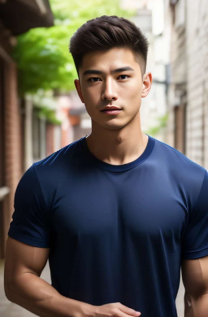 Man in his 20s poses for a photo, Wear a navy shirt.................., high-res, master-piece, bestquality, head:1.3,((Hasselblad photography)), finely detailed skin, crisp focus, (Cinematic lighting), nighttime, gentle lighting, dynamic angle, [:(detailed face:1.2):0.2],(((exercise))), outside