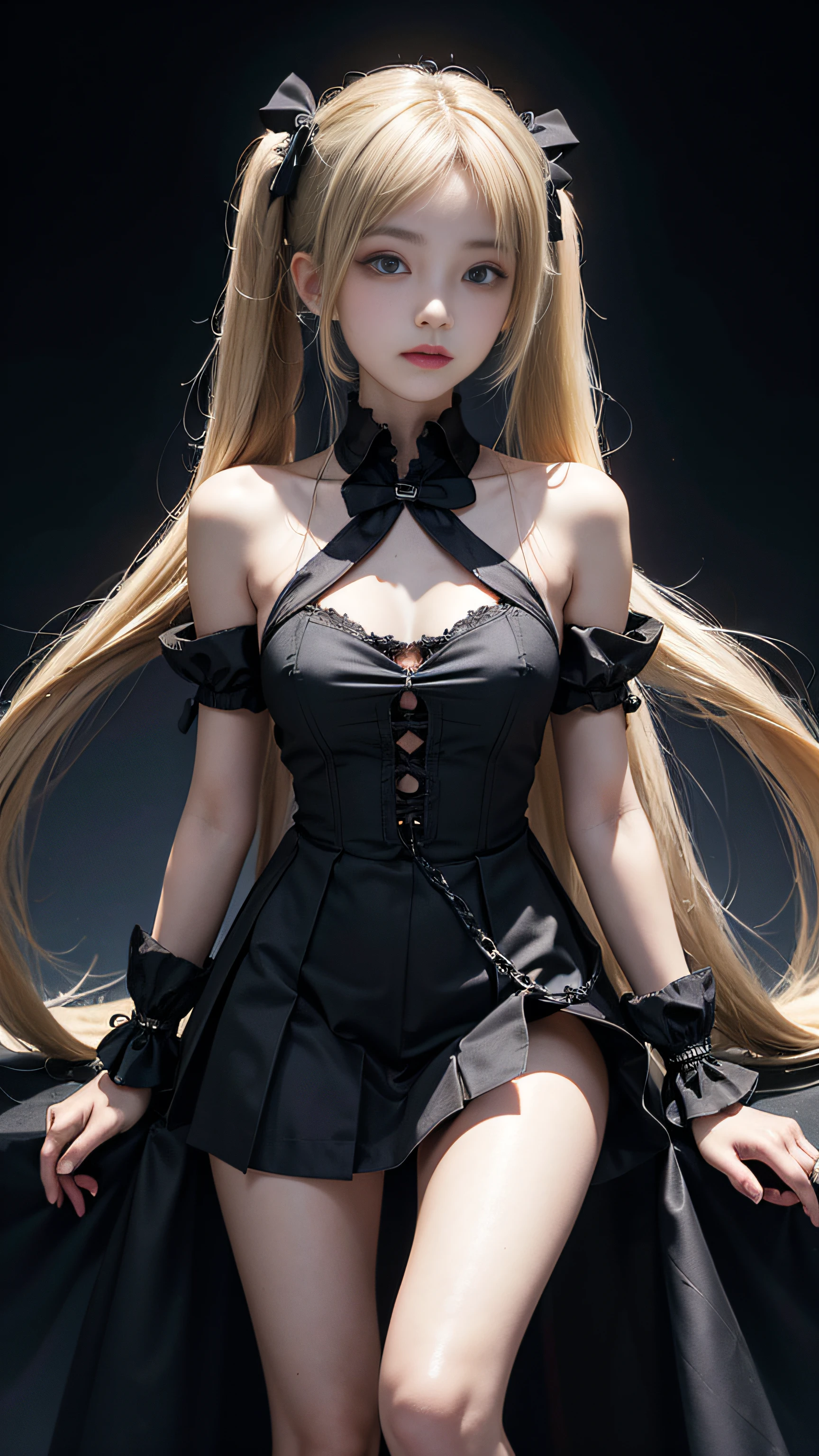 Obra maestra, best quality, blond_long_hair, 1girl, , dark_light_skin, yellow_eyes, two_small_cat_ears, (ager_girl), armpit, white_panties, big_legs, no_bra, shorts_dress,big_hips, ribbon_hair, open_legs, half_smile.