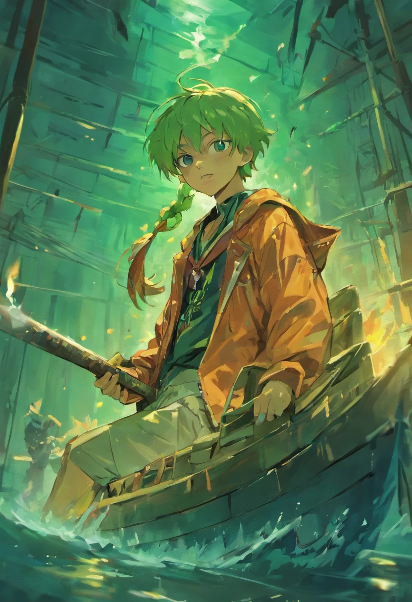 Humanoid crocodile sailor style,Smoking in a machete on a boat