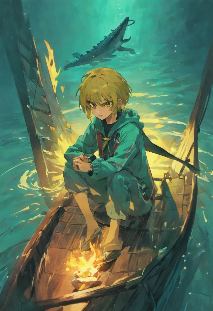 Humanoid crocodile sailor style，Smoking in a machete on a boat