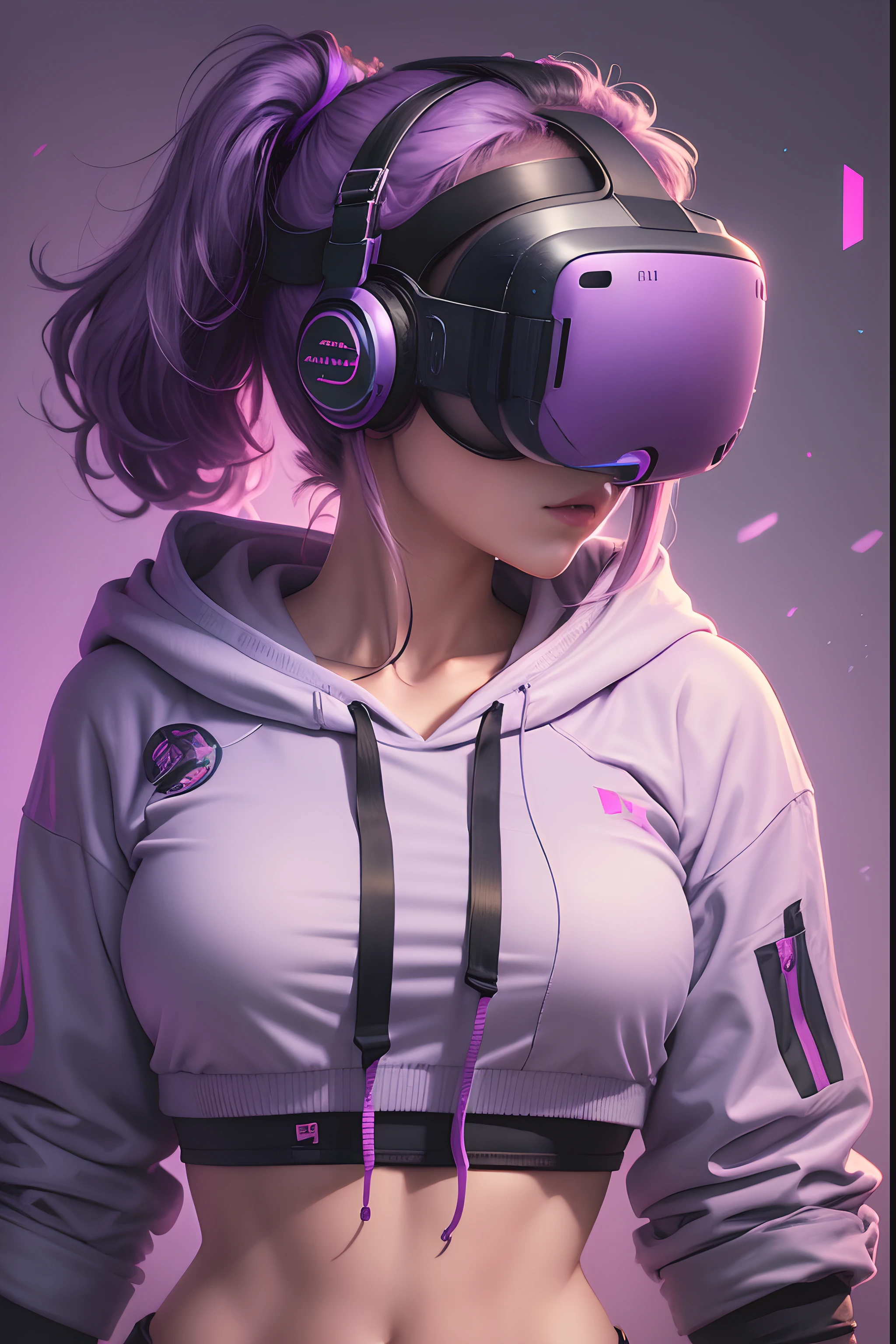 A synthwave style sticker of a beautiful cyberpunk woman wearing a VR headset, the VR headset is covering her eyes with red hoodie with, holding a gun in action, fadring purple background