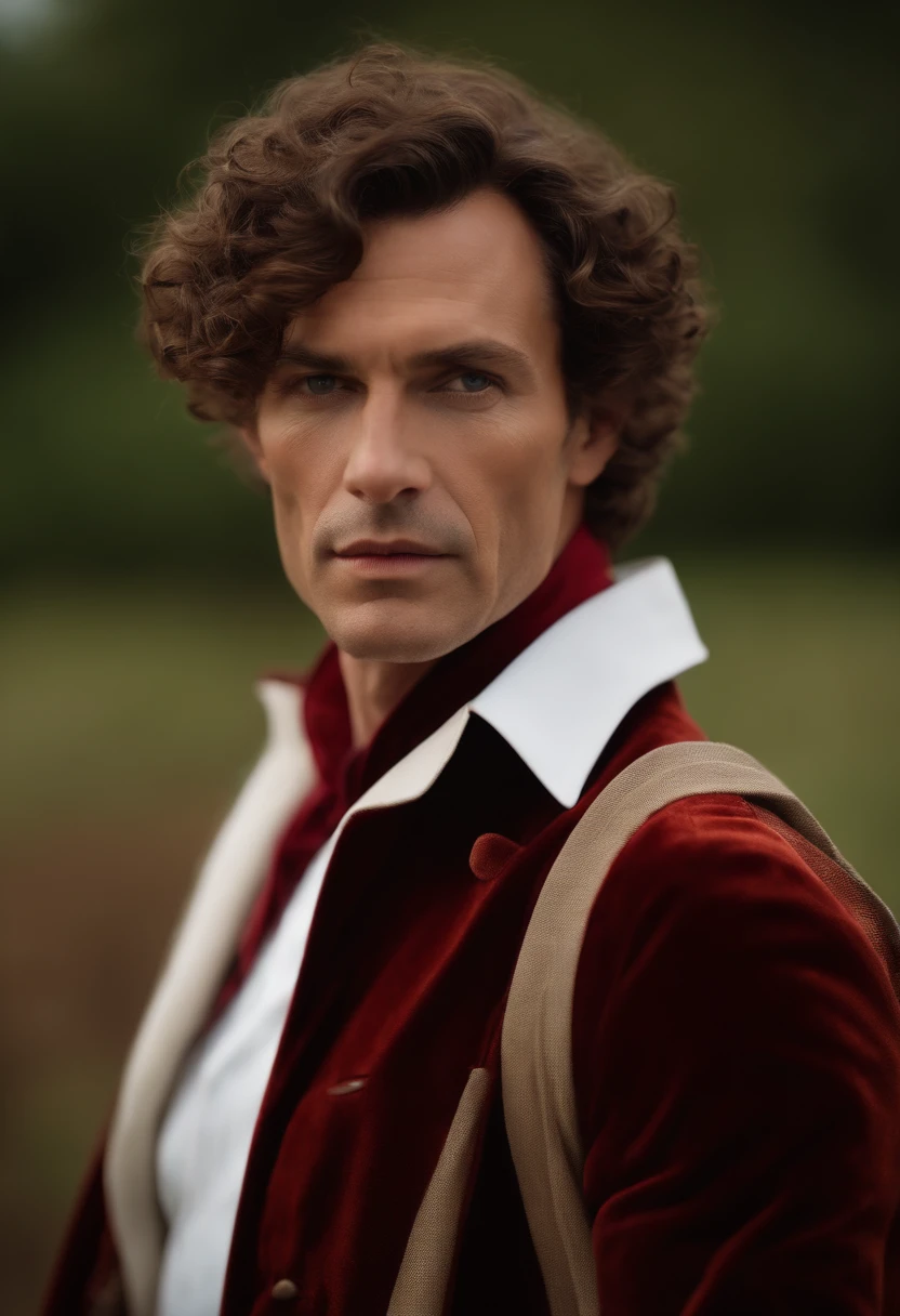 A handsom man in red, the style of patrick demarchelier. wearing a red velvet jacket, Tall and fit, (40 years old:1.1), (shaven:1.2), (short brown hair and a little curly:1.5),(very short hair:1.6). in the style of ethereal beauty, realistic blue skies, hasselblad 1600f, hyper-realistic portraiture, bold colors, dynamic lines, smooth and polished .