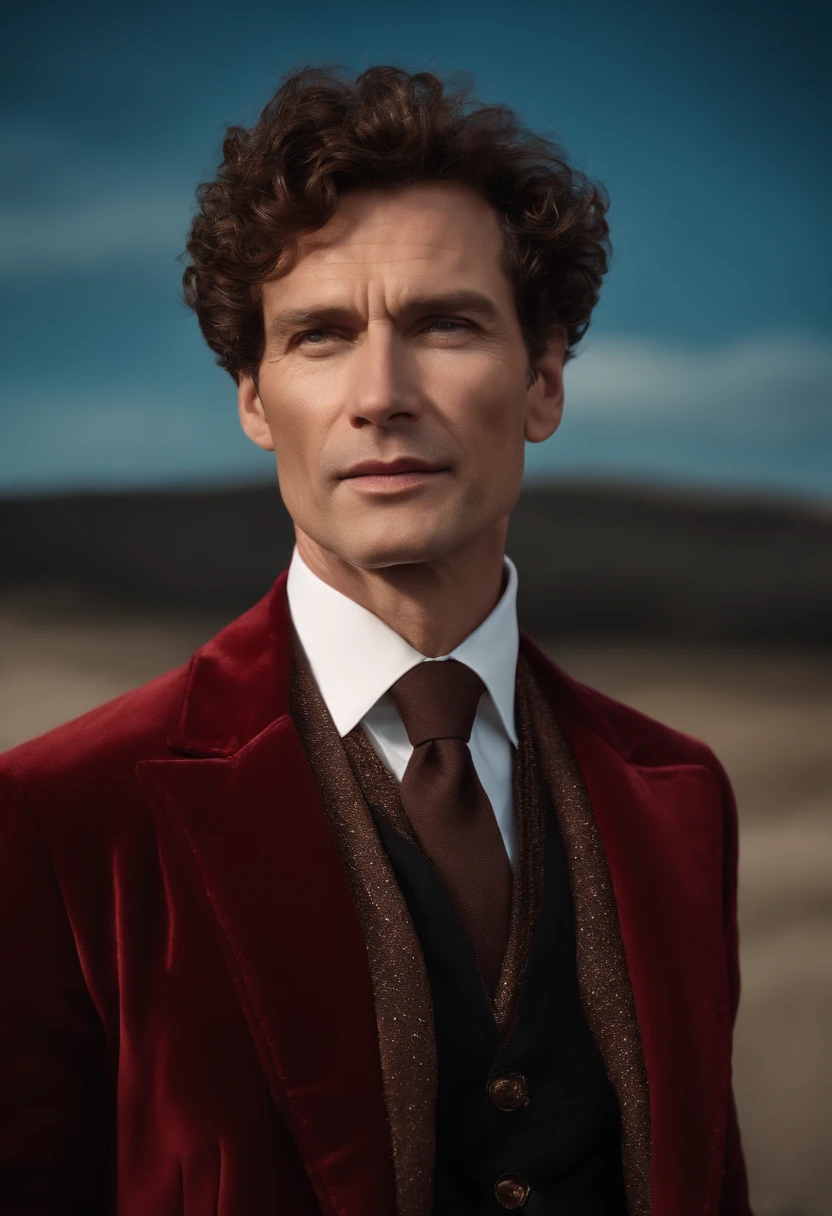A handsom man in red, the style of patrick demarchelier. wearing a red velvet jacket, Tall and fit, (40 years old:1.1), (shaven:1.2), (short brown hair and a little curly:1.5),(very short hair:1.6). in the style of ethereal beauty, realistic blue skies, hasselblad 1600f, hyper-realistic portraiture, bold colors, dynamic lines, smooth and polished .