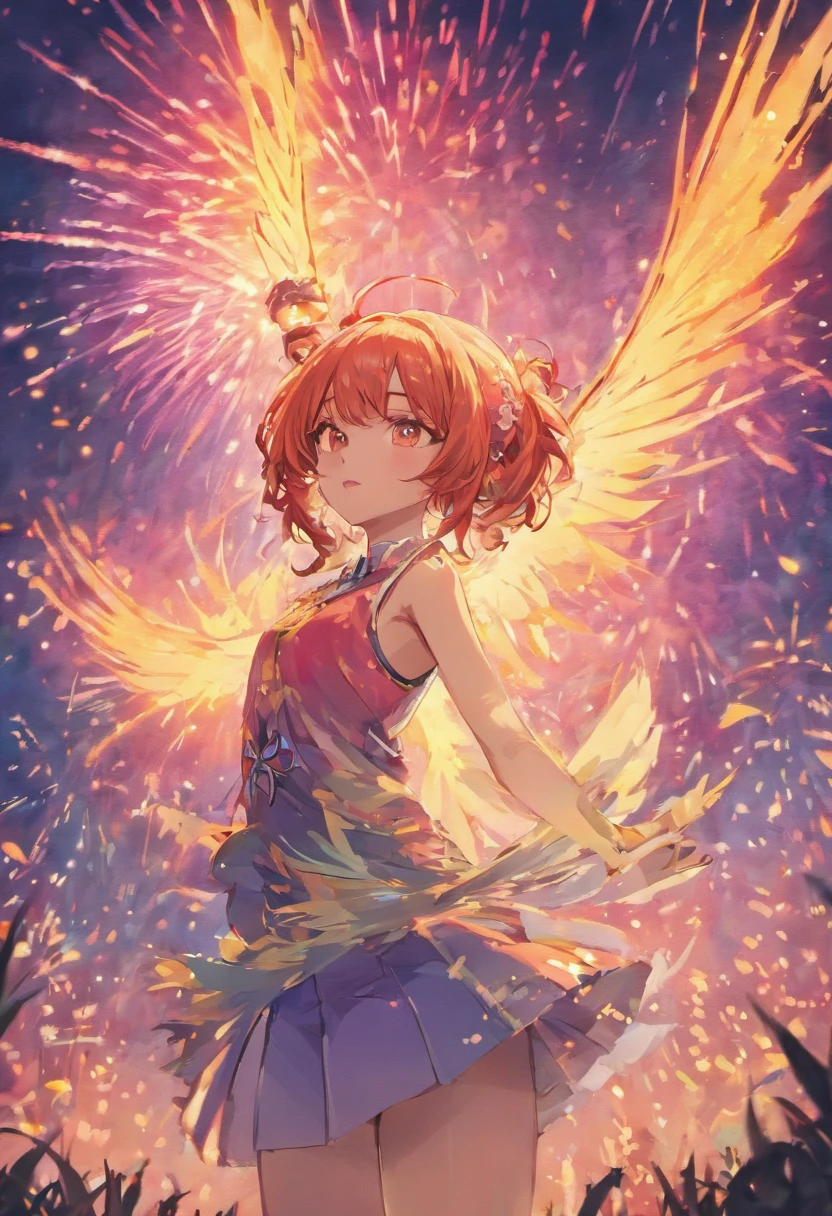 1girll,夏天,the night,Skysky,horizon,Fireworks bloom in the sky,aerial fireworks,jpn,Japanese costumes, Blush, Breasts,Eyebrows_Visible_Through_Hair,Colorful colors_Hair, shirt, Simple_Background, Sleeveless, Cinematic light and shadow,The clothes ar,colours,Colorful,A plant,mountain forest in background