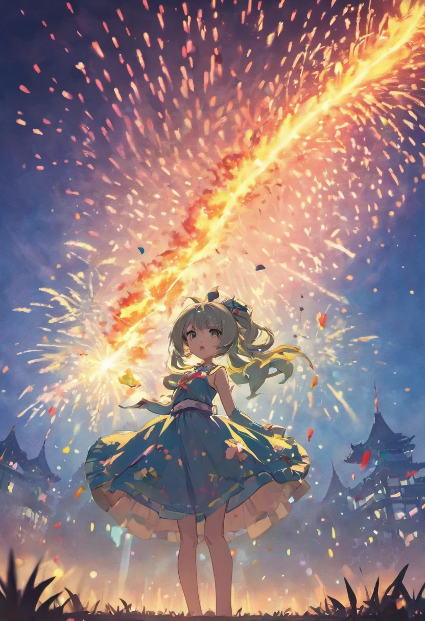 1girll,夏天，the night，Skysky，horizon，Fireworks bloom in the sky，aerial fireworks，jpn，Japanese costumes, Blush, Breasts,Eyebrows_Visible_Through_Hair,Colorful colors_Hair, shirt, Simple_Background, Sleeveless, Cinematic light and shadow，The clothes ar，colours，Colorful，A plant，mountain forest in background