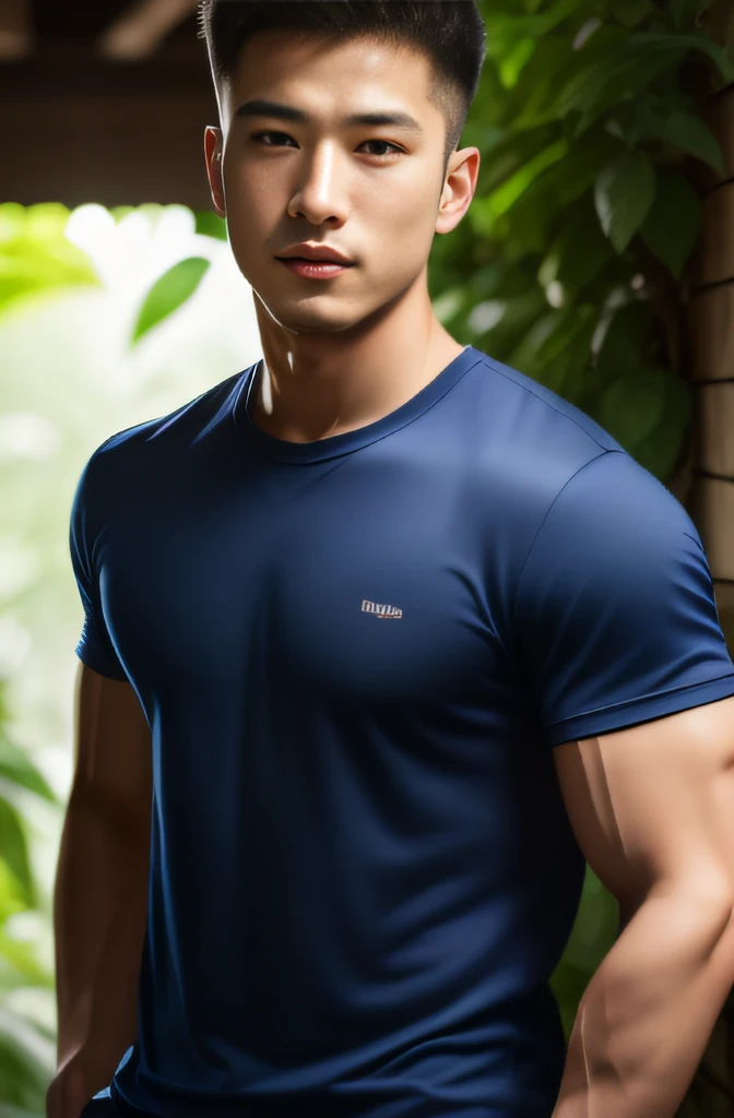 Man in his 20s poses for a photo, Wear a navy shirt..................., high-res, master-piece, bestquality, head:1.3,((Hasselblad photography)), finely detailed skin, crisp focus, (Cinematic lighting), nighttime, gentle lighting, dynamic angle, [:(detailed face:1.2):0.2],(((exercise))), outside