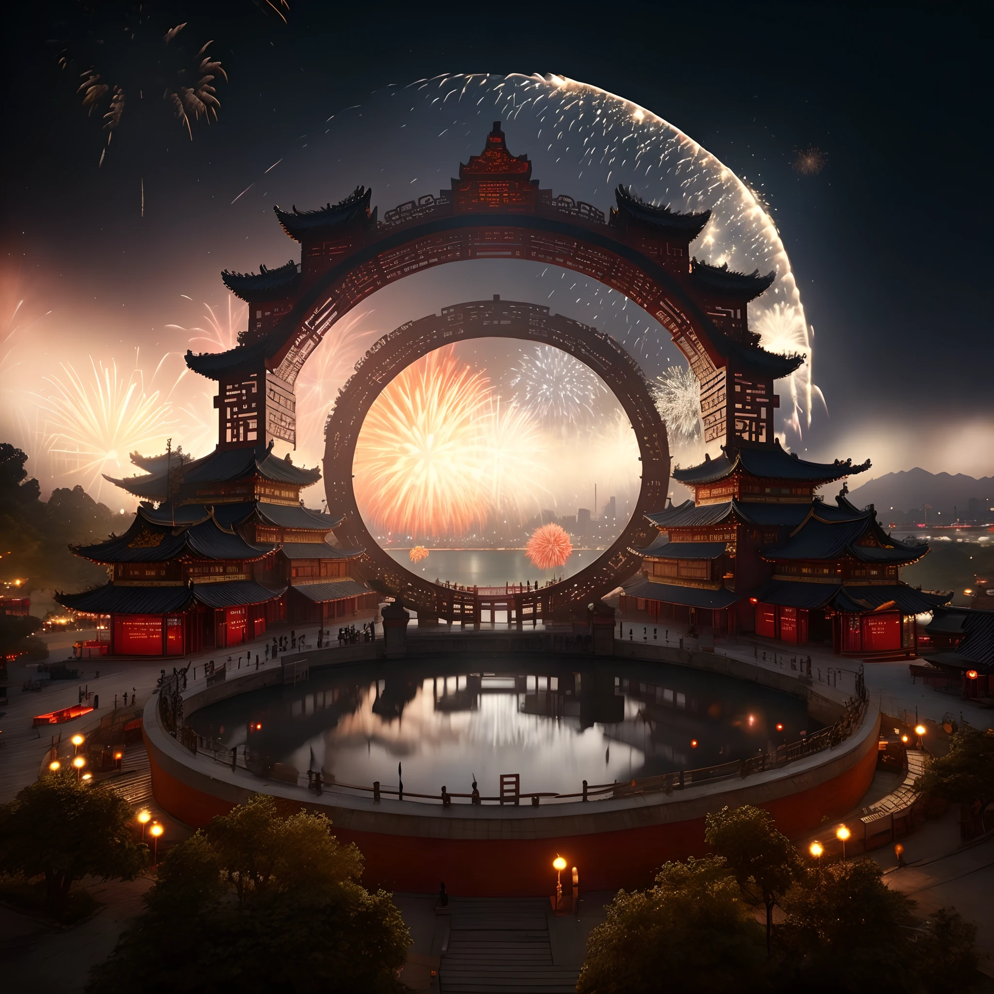 Circular platform, product showcase, ancient Chinese palace, (spectacular fireworks display. Fireworks are huge:1.5), ancient Chinese architecture, simple Chinese background wall, film and television lighting, rendering, super detail