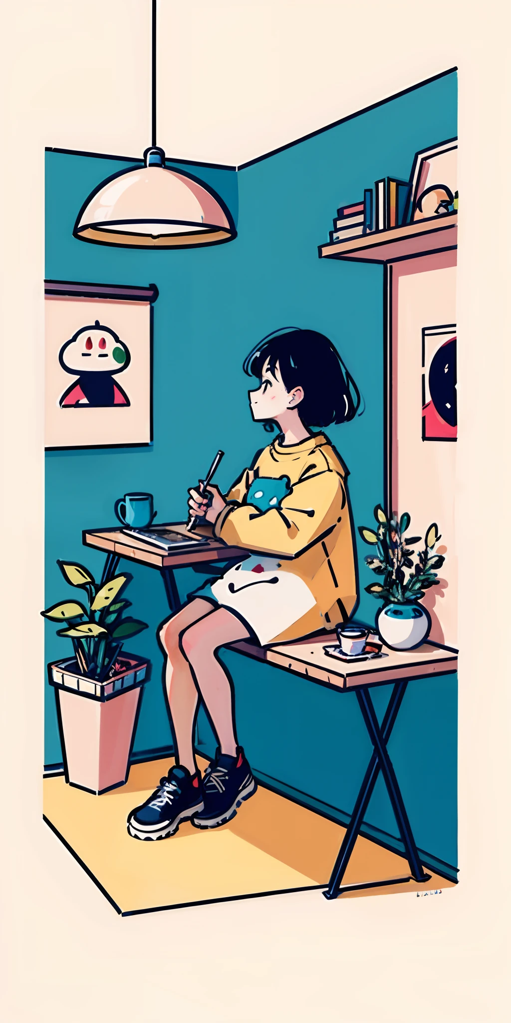 there is a girl sitting at a desk with a book in his hand, lo-fi illustration style, flat illustration, cute illustration, daily life, in style of digital illustration, sitting in a cafe alone, a beautiful artwork illustration, hand painted cartoon art style, spring day, summer day, sitting alone in a cafe, painting illustration, simple and clean illustration, day time