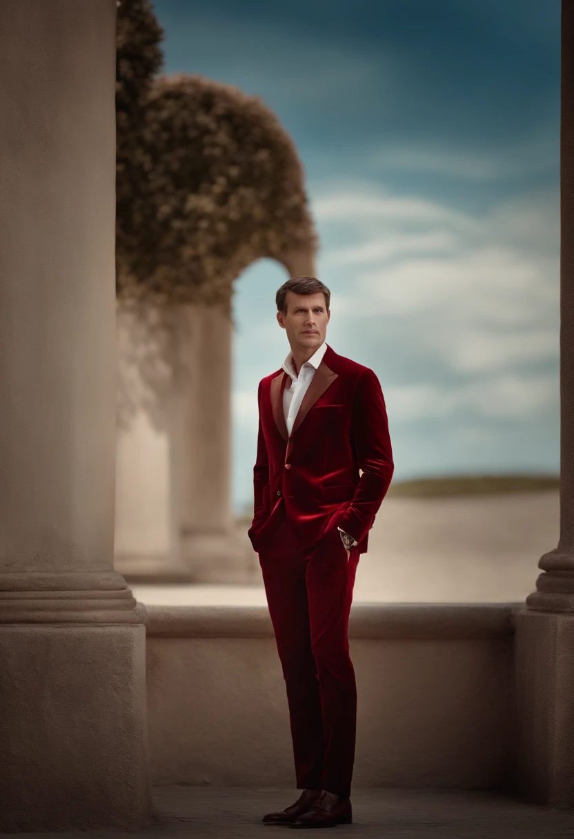 A handsom man in red, the style of patrick demarchelier. wearing a red velvet jacket, Tall and fit, (40 years old:1.1), (shaven:1.2), (short brown hair and:1.5),(very short hair:1.6). in the style of ethereal beauty, realistic blue skies, hasselblad 1600f, hyper-realistic portraiture, bold colors, dynamic lines, smooth and polished .