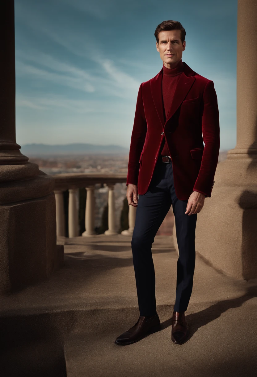 A handsom man in red, the style of patrick demarchelier. wearing a red velvet jacket, Tall and fit, (40 years old:1.1), (shaven:1.2), (short brown hair and:1.5),(very short hair:1.6). in the style of ethereal beauty, realistic blue skies, hasselblad 1600f, hyper-realistic portraiture, bold colors, dynamic lines, smooth and polished .