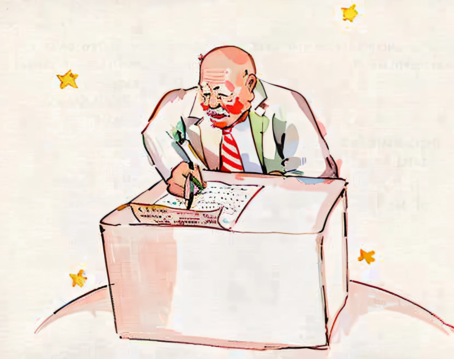 A man sitting at a table writing a caricature on a piece of paper, author:Alan Jones, full-colour illustration, Color illustration, illustrative art, illustration”, Illustration of Death Drucker, Artistic illustration, illustration!, A illustration, author:Loren Munch, author:Kara Wizgara, colorful illustrations, Gary Larson, production art