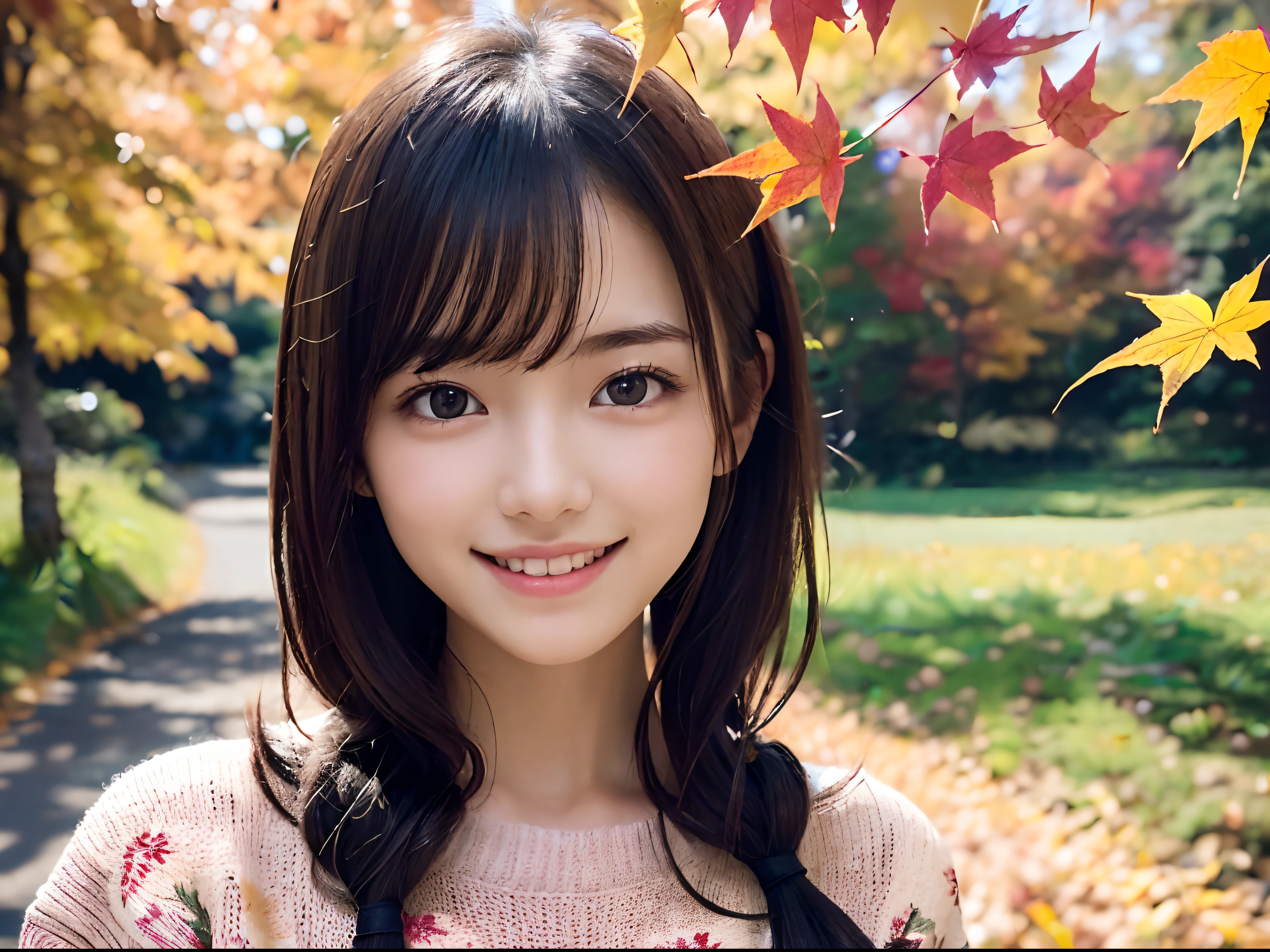 (Close up portrait of one girl with slender small breasts with twin-tailed hair in colorful autumn shirt and sweater:1.5)、(Girl standing on edge of screen smiling with open arms:1.3)、(Beautiful autumn foliage background :1.3)、(Perfect Anatomy:1.3)、(complete hands:1.3)、(complete fingers:1.3)、Photorealsitic、Raw photography、masutepiece、top-quality、hight resolution、delicate and pretty、face perfect、Beautiful detailed eyes、Fair skin、Real Human Skin、pores、((thin legs))、(Dark hair)