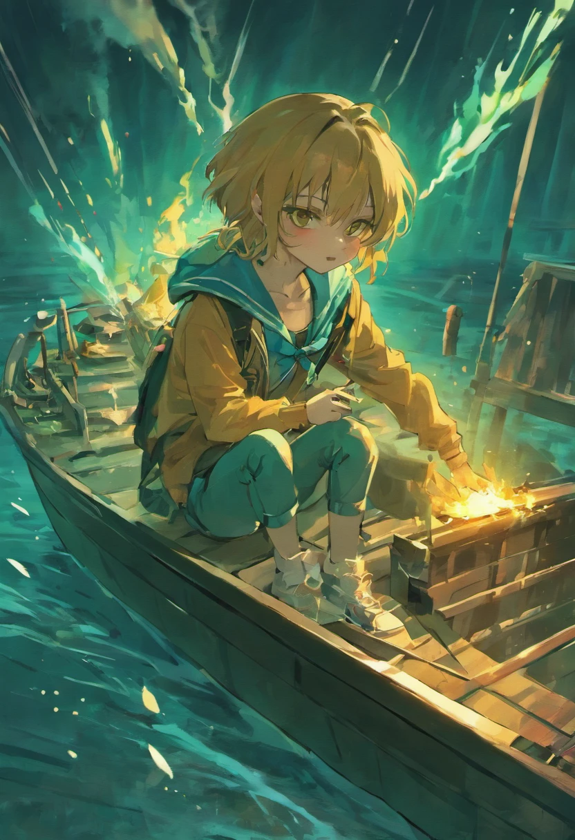 Humanoid crocodile sailor style,Smoking in a machete on a boat