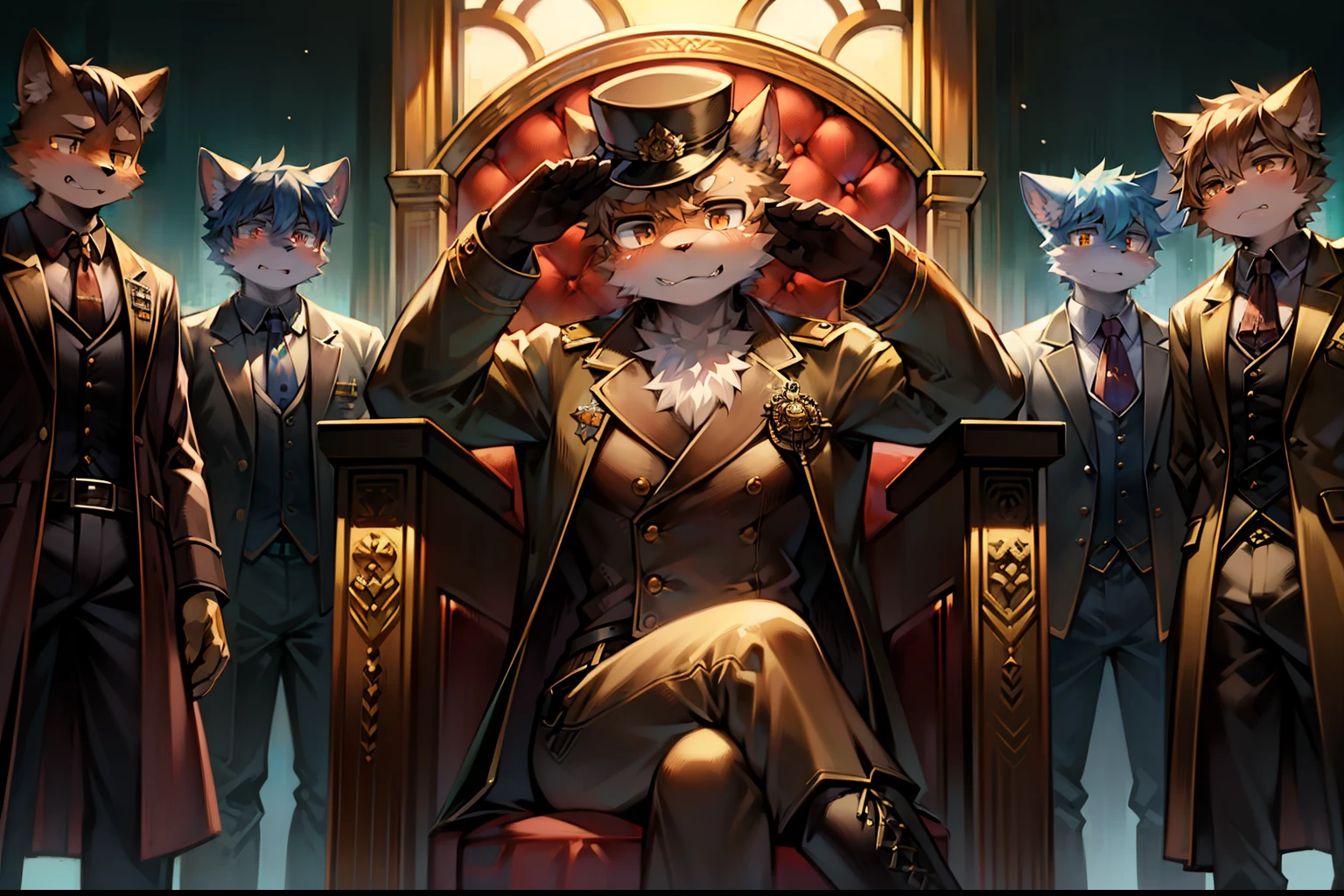 Gato macho estilo Kemono, wearing brown overcoat and steampunk hat, com olhos amarelos e pele laranja, cold expression on his face, sitting on a throne in a palace, soldados (com fuzis) ao seu redor (Salute), 4k, master part, Dark lighting