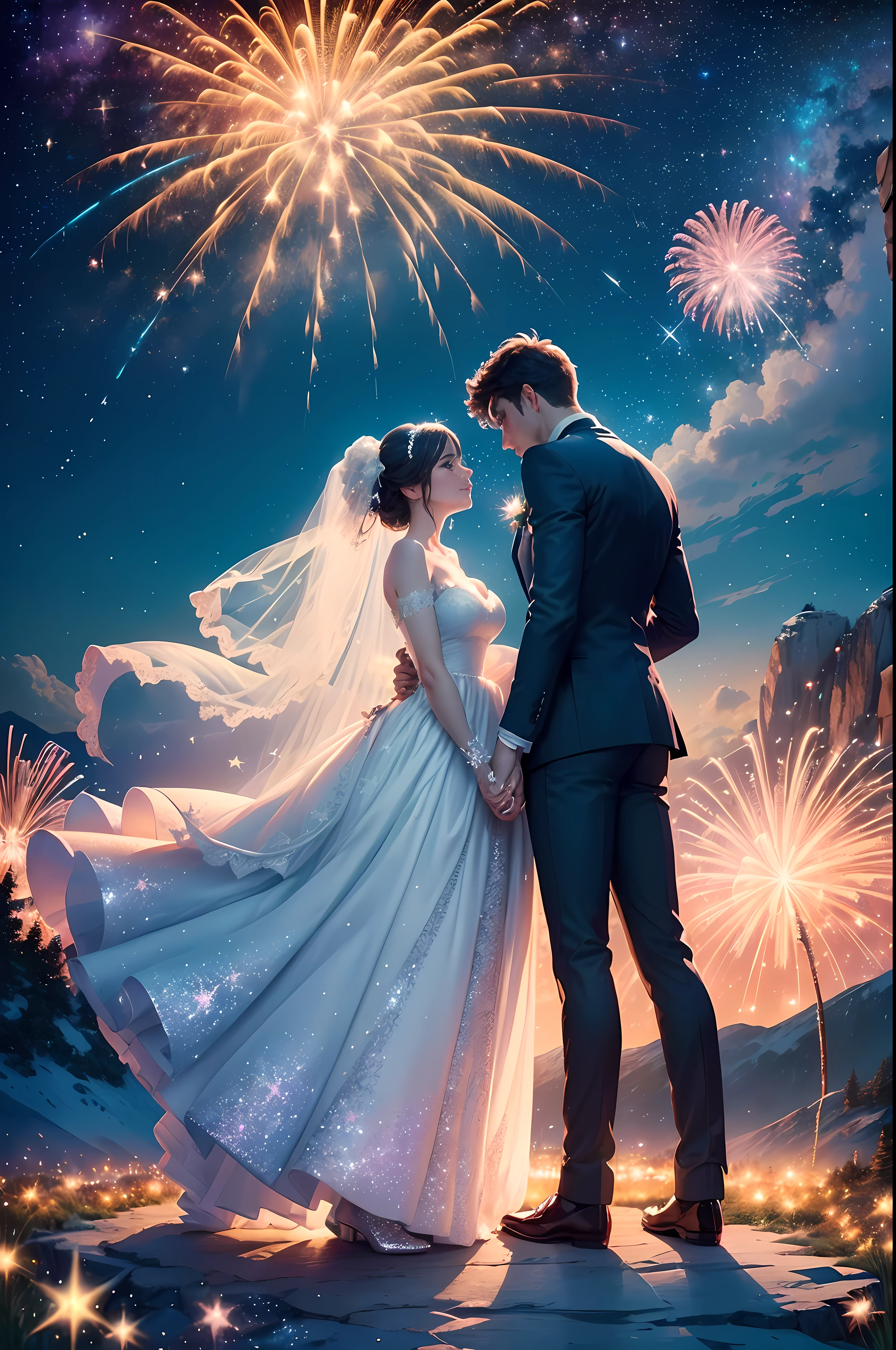 ((Best quality, A high resolution, Masterpiece:1.2)), (Romantic), (newlyweds:1), Delicate facial features, Clear facial features, Optimized details,(Stargazing at the top of the mountain), (Spectacular sky fireworks display), (Colorful fireworks), (Giant fireworks), (Wedding dress), (suit), (glittering stars:1.5), Romantic couple photo, cinematic Film still from.