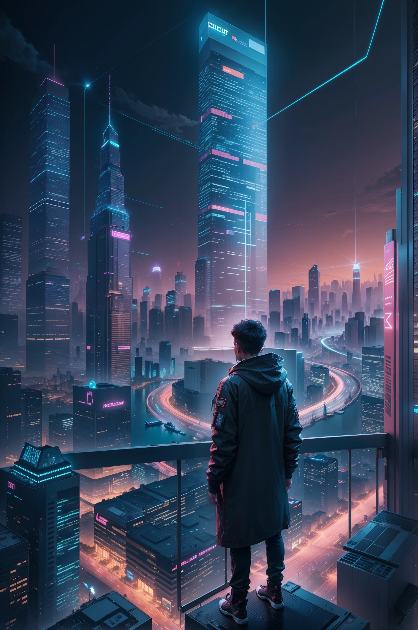 In a neon-lit metropolis of the year 2150, towering skyscrapers are interconnected by floating walkways. Autonomous vehicles zoom through the air, while holographic billboards display advertisements for the latest neural implants. Citizens, adorned with wearable tech, interact with AI-driven public services as drones deliver goods overhead. Amidst this backdrop, a young innovator stands on a rooftop, gazing at a colossal, moonlit data center that powers the city, contemplating the next frontier of human achievement.