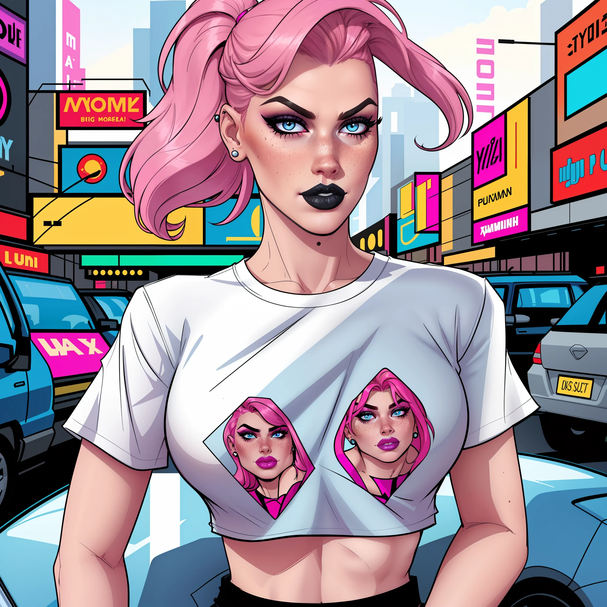 Close up of an  supermodel woman face, at a busy cluttered city street background, daytime, pale blue eyes, detailed short pink hair with pigtails and shaved sides haircut, freckles, blushing, pouting expression, single eyebrow raised, eye shadow, black lipstick, pierced eyebrow, big tits, wearing a loose baggy tshirt crop top, looking to the side, comic book style, flat shaded, prominent comic book outline linework