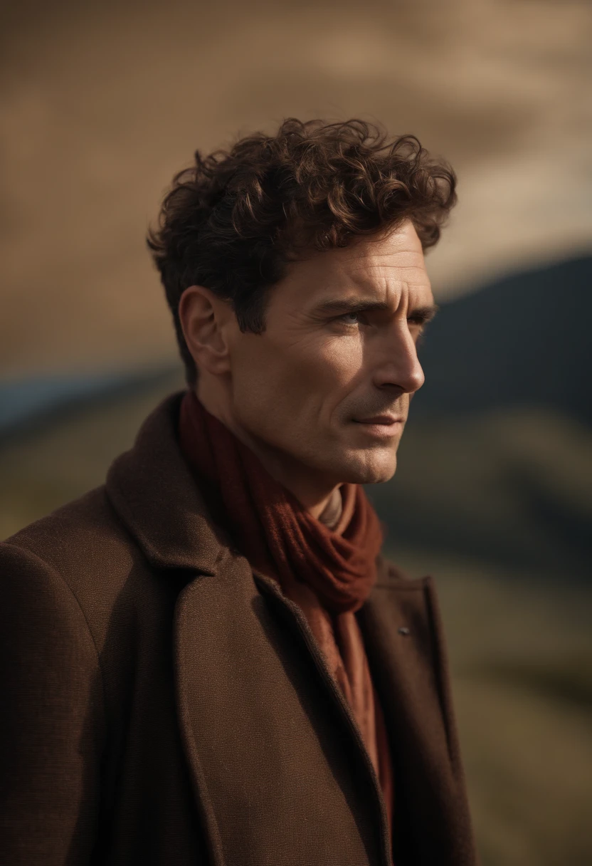 Un homme Handom (en rouge:1:1), (Dans le style de Patrick Demarchelier). porter une veste, Grand et en forme, (40 ans:1.1), (shaven:1.2), (short brown hair and a little curly:1.5),(very short hair:1.6). in the style of ethereal beauty, Realistic blue sky, Hasselblad 1600F, Hyperrealistic portrait, couleurs vives, Lignes dynamiques, lisse et poli .