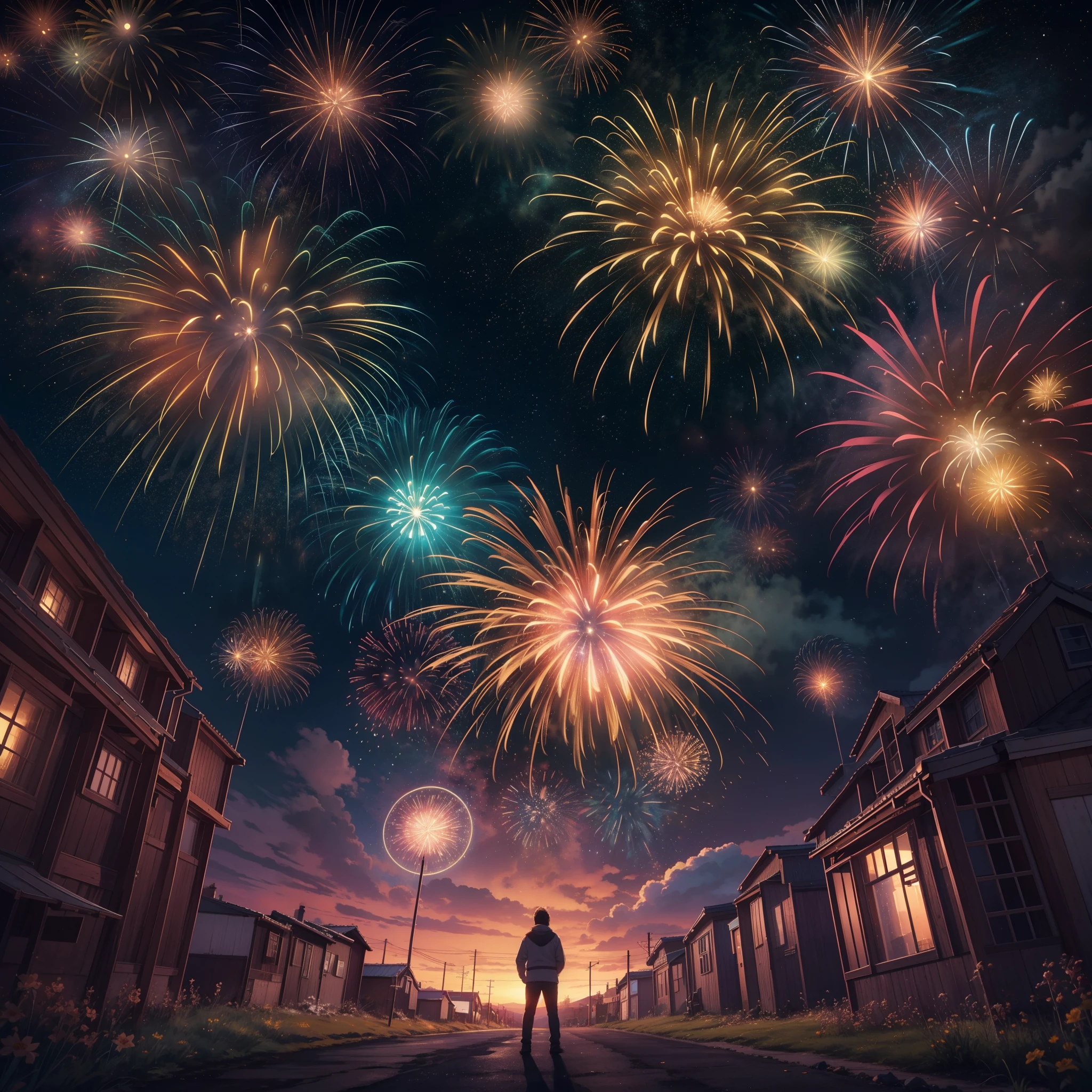 Spectacular fireworks display. The fireworks are huge,(Giant fireworks 1 with dazzling dazzling eyes.5)(Warm atmosphere1.3)(The night is full of stars1.2)cinematic Film still from,Super realistic,Movie promotional poster,Super light and shadow,Super textured,(Ultra-wide angle to watch fireworks bloom1.5)Extreme light chasing(Colorful fireworks 1 on Icelandic background.5)(Fireworks are particularly dense1.3)(Color element 72 color 1.5)(Auroras cover the entire sky1.5)(Surreal 1.3)(Ultra-realistic1.3)