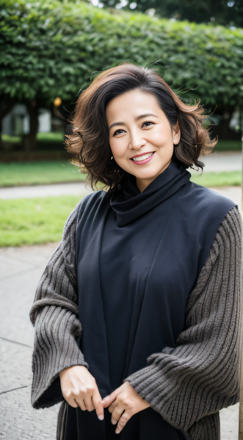 ((Best quality, 8K, Masterpiece, Portrait: 1.3)), (View viewers), Photorealism, Sharp focus, Solo, The Moro Islamic Liberation Front of Japan, Beauty,  28 years old, Curly hair, wrinkles around the eyes, high-necksweater ((standing on one leg)), Walk in the park,