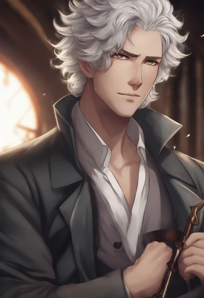 a close up of a person with white hair and a sword, nagito komaeda, inspired by Okumura Togyu, he has dark grey hairs, a silver haired mad, tall anime guy with blue eyes, inspired by Okumura Masanobu, young anime man, male anime character, nagito komaeda from danganronpa
