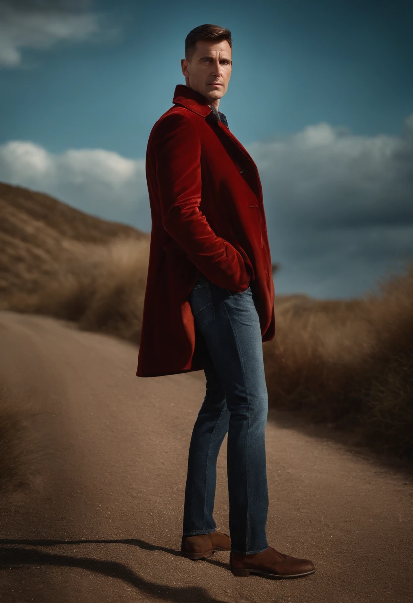 A handsom man in red, the style of patrick demarchelier. wearing a red velvet jacket and blue jeans , Tall and fit, (40 years old:1.1), (shaven:1.2), (short fine brown hair and:1.5),(very short hair:1.6). in the style of ethereal beauty, realistic blue skies, hasselblad 1600f, hyper-realistic portraiture, bold colors, dynamic lines, smooth and polished .