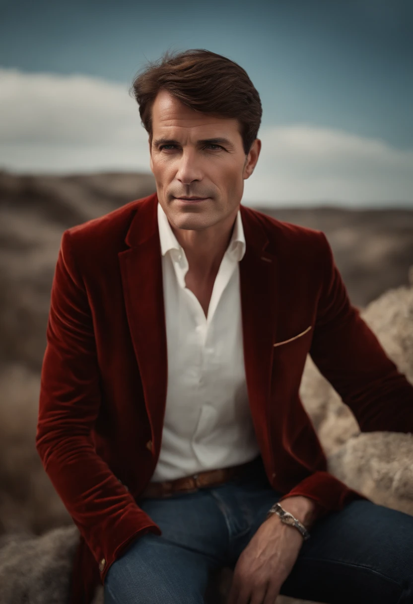 A handsom man in red, the style of patrick demarchelier. wearing a red velvet jacket and blue jeans , Tall and fit, (40 years old:1.1), (shaven:1.2), (short fine brown hair and:1.5),(very short hair:1.6). in the style of ethereal beauty, realistic blue skies, hasselblad 1600f, hyper-realistic portraiture, bold colors, dynamic lines, smooth and polished .