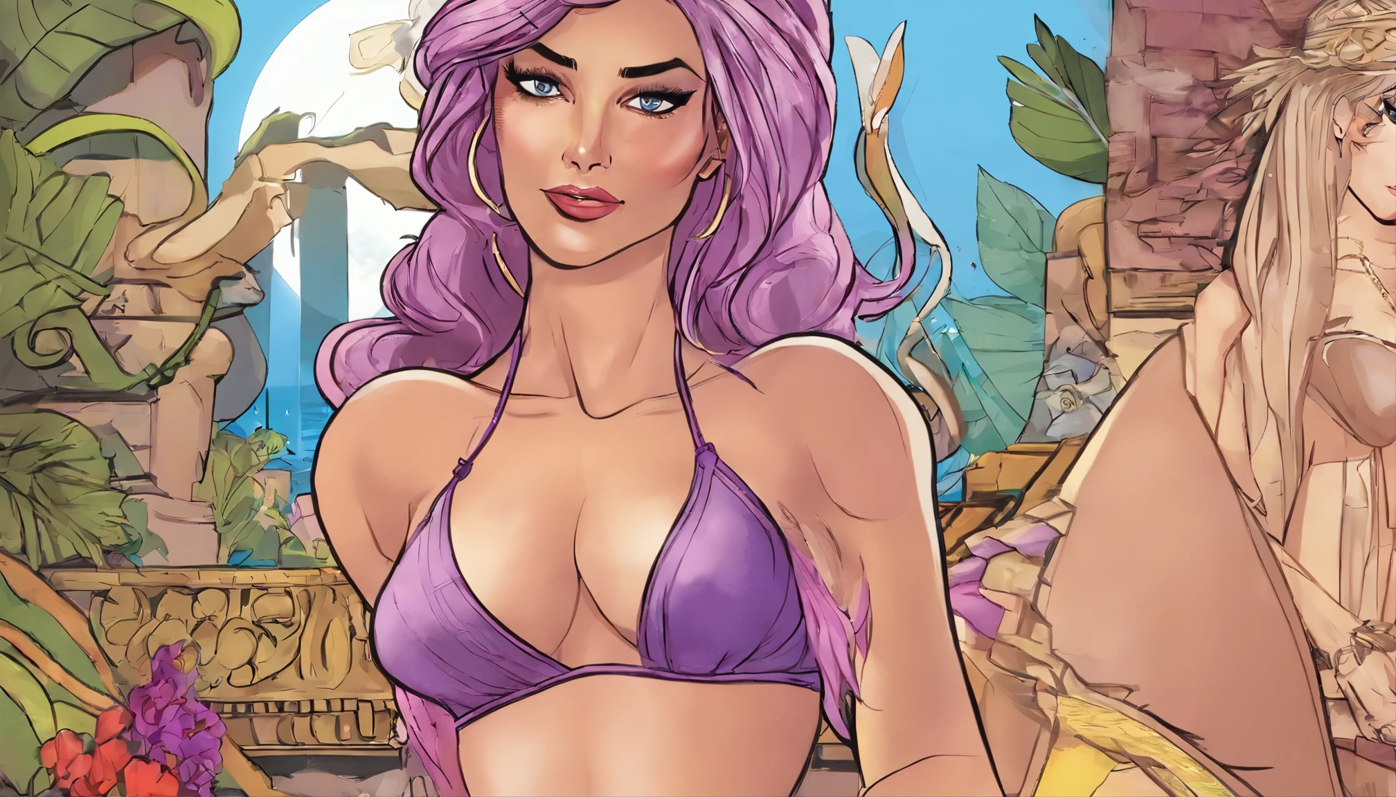 Body portrait for Attractive purple eyes and purple hair woman wearing purple silk bikini, joy, fun, elegant, pretty face, face details, purple eyes, FULL BODY VIEW, soft skin, fantasy, moon background, blunt cut hair, line art, swimming in the purple ocean, allure, crisp purple eyes, 3d shading, lily Aldridge, rustic charm, gorgeous woman, fashion look, DYNAMIC, marvel comics art, epic, detailed eyes, UHD, pretty face, glamours, clean face, showing in 4k format, impressive, Side-parted asymmetrical bob, fitness body, light hair, realistic, highly detailed, full body, high quality, charming and attractive woman, full intimate setting, comic book by Joshua Middleton.