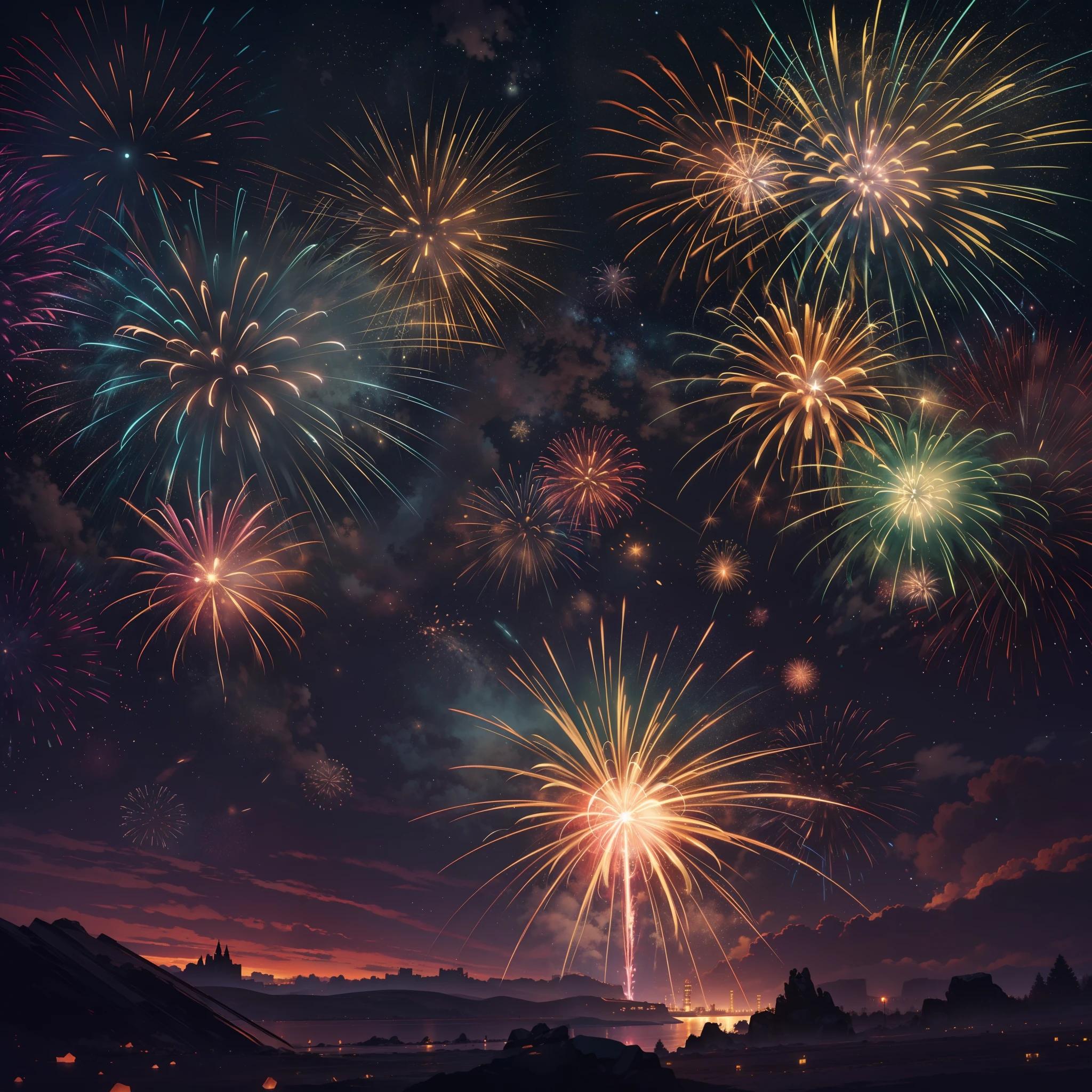 Spectacular fireworks display. The fireworks are huge,(Giant fireworks 1 with dazzling dazzling eyes.5)(Warm atmosphere1.3)(The night is full of stars1.2)cinematic Film still from,Super realistic,Movie promotional poster,Super light and shadow,Super textured,(Ultra-wide angle to watch fireworks bloom1.5)Extreme light chasing(Colorful fireworks 1 on Icelandic background.5)(Fireworks are particularly dense1.3)(Color element 72 color 1.5)(Auroras cover the entire sky1.5)(Surreal 1.3)(Ultra-realistic1.3)