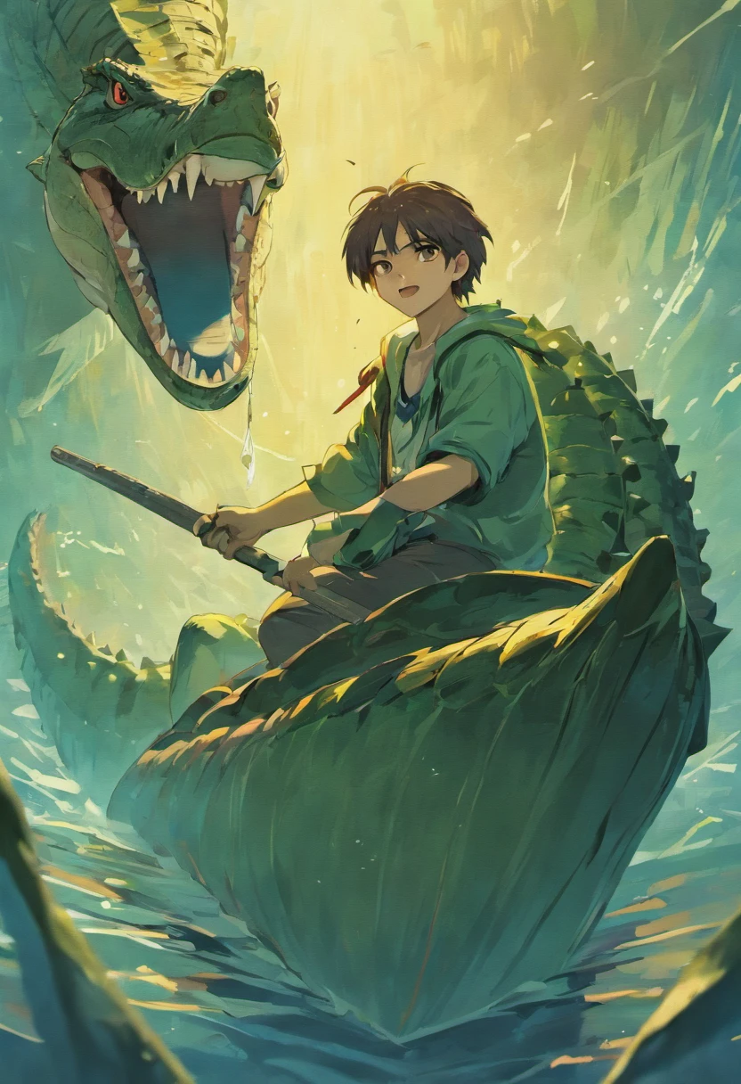 crocodile, sailor style，Smoking in a machete on a boat