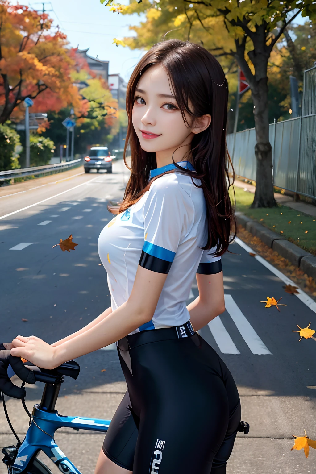 (Realistic), (Intricate details: 1.2), (masutepiece: 1.3), (Best Quality: 1.4), (超A high resolution: 1.2), 超A high resolution, (Detailed eyes), (A detailed face), Dramatic Lighting, boob focused, 1beautiful girl,beautiful Japanese idol,(Sexy Road Bike Racing Uniform),Uniform with open chest,Teenage girl riding perfect bike,small head ,grin,Large breasts,A slender,Big ass,Translucent sexy shirt,shiny skins,perfect hand,nice legs,wet skins sweat,(Riding a road bike:1.4),Gingko tree with autumn leaves,Blue sky in autumn,(leaf fall),dynamic shot,Look at viewers,