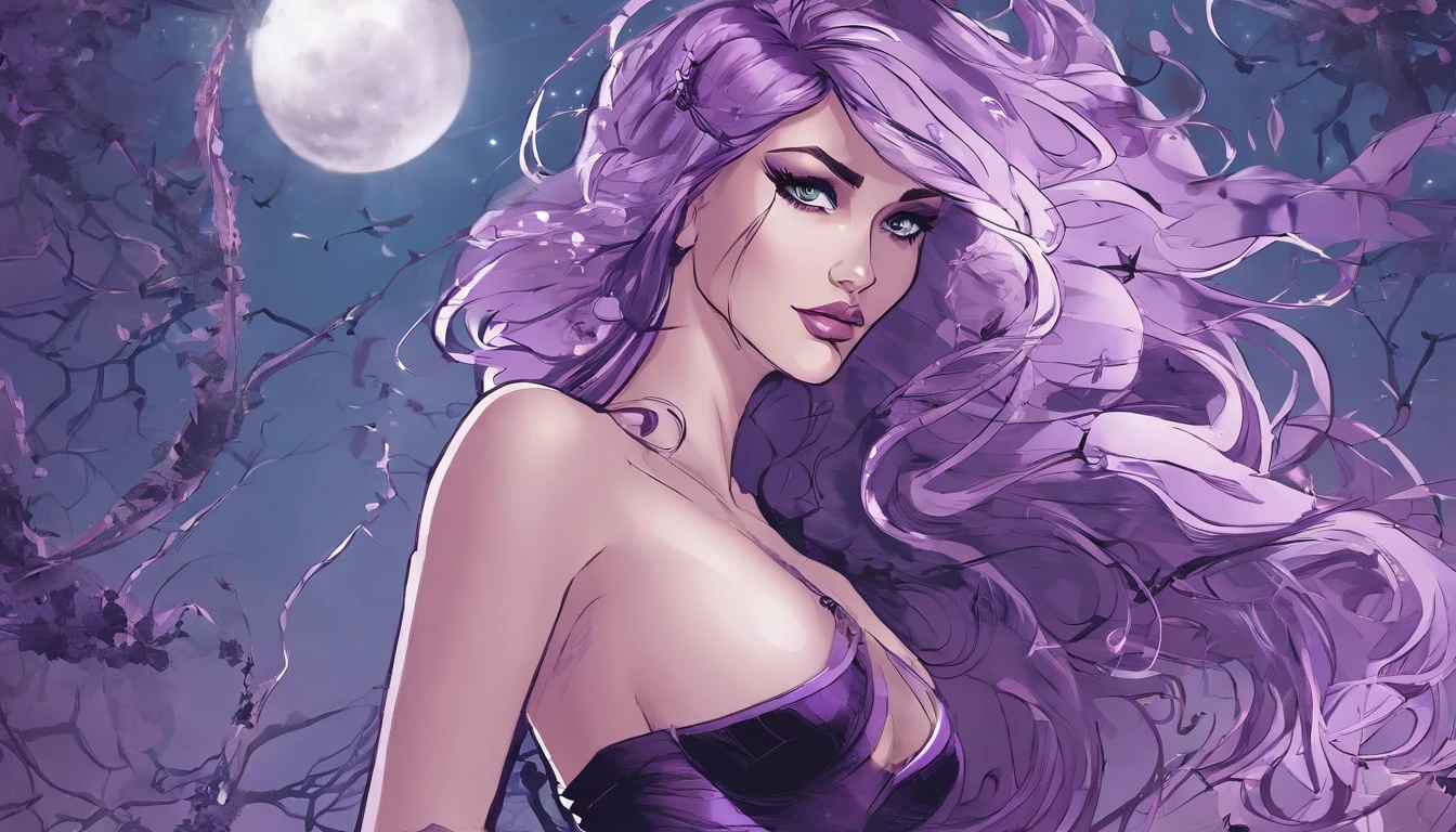 Body portrait for Attractive purple eyes and purple hair woman wearing purple  silk bikini, joy, fun, elegant, pretty face, face details, purple eyes, FULL BODY VIEW, soft skin, fantasy, moon background, blunt cut hair, line art, swimming in the purple ocean, allure, crisp purple eyes, 3d shading, lily Aldridge, rustic charm, gorgeous woman, fashion look, DYNAMIC, marvel comics art, epic, detailed eyes, UHD, pretty face, glamours, clean face, showing in 4k format, impressive, Side-parted asymmetrical bob, fitness body, light hair, realistic, highly detailed, full body, high quality, charming and attractive woman, full intimate setting, comic book by Joshua Middleton.