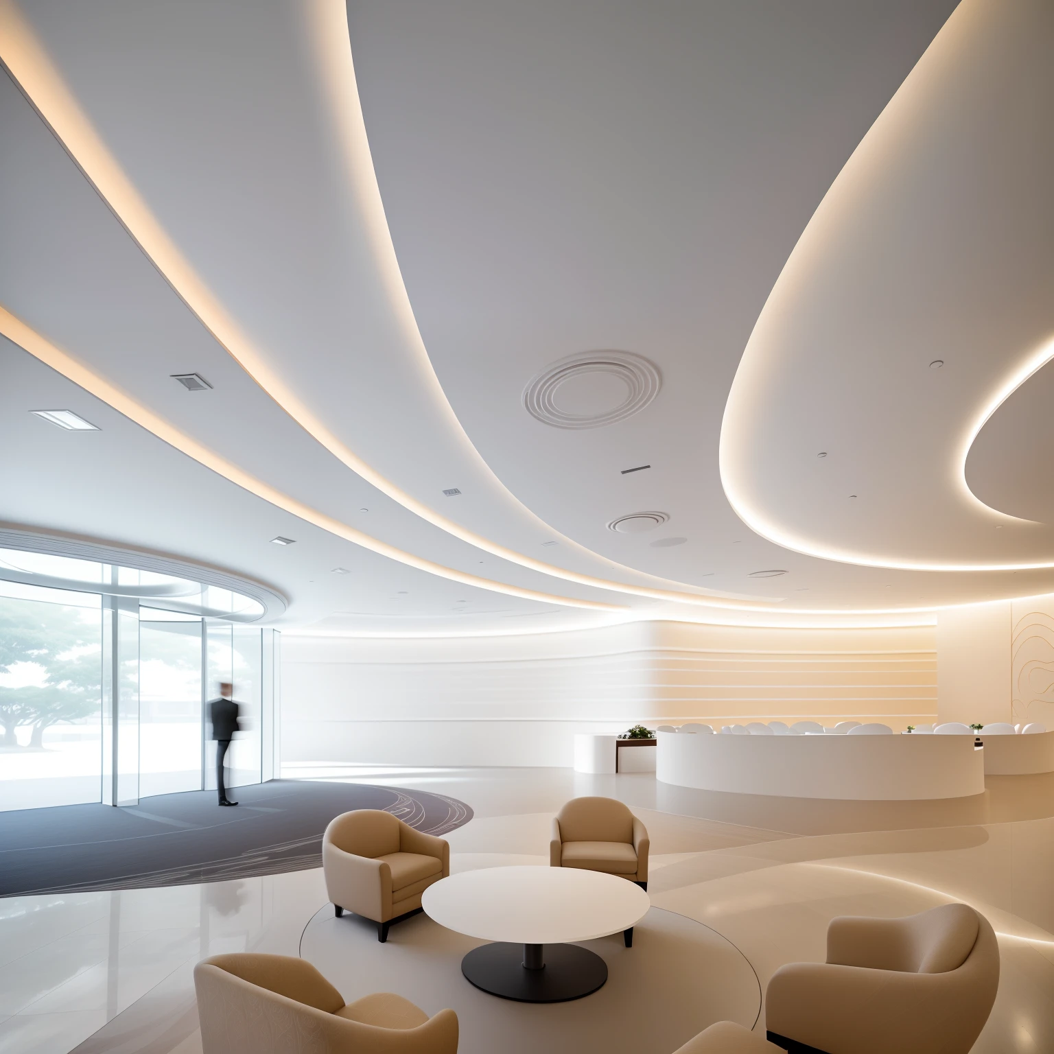 Great view from a banquet hall，There were plenty of chairs and tables, rounded ceiling, Interior lighting, smooth curvilinear design,   smooth curvature design, white accent lighting, interior architecture view, White ceiling, gentle ambient lighting, stunning lines, glowing white accent lighting