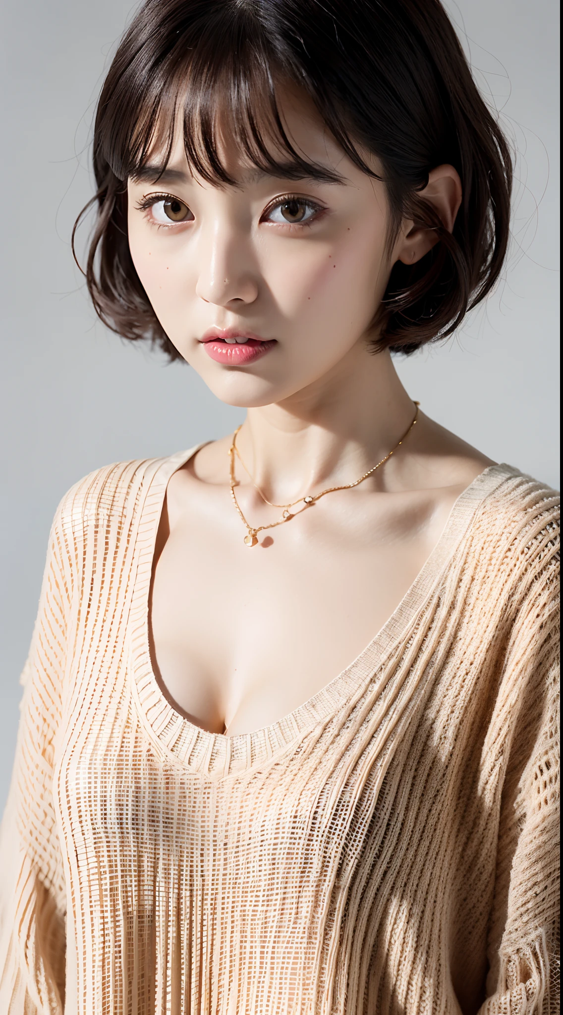 (Best quality, 8k, 32k, Masterpiece, UHD:1.2),Photo of Pretty Japanese woman, large breasts, very short bob hair,upper body,(oversized_sweater,:1.1) necklace, simple background, looking at around