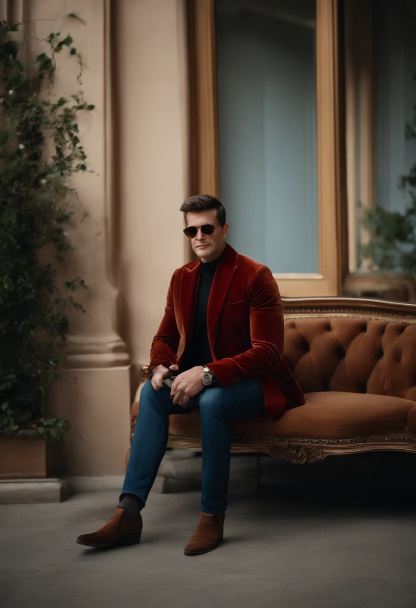 A handsom man in red, the style of patrick demarchelier. wearing a red velvet jacket and blue jeans , Tall and fit, (40 years old:1.1), (shaven:1.2), (short brown hair:1.5),(very short hair:1.6). in the style of ethereal beauty, realistic blue skies, hasselblad 1600f, hyper-realistic portraiture, bold colors, dynamic lines, smooth and polished .