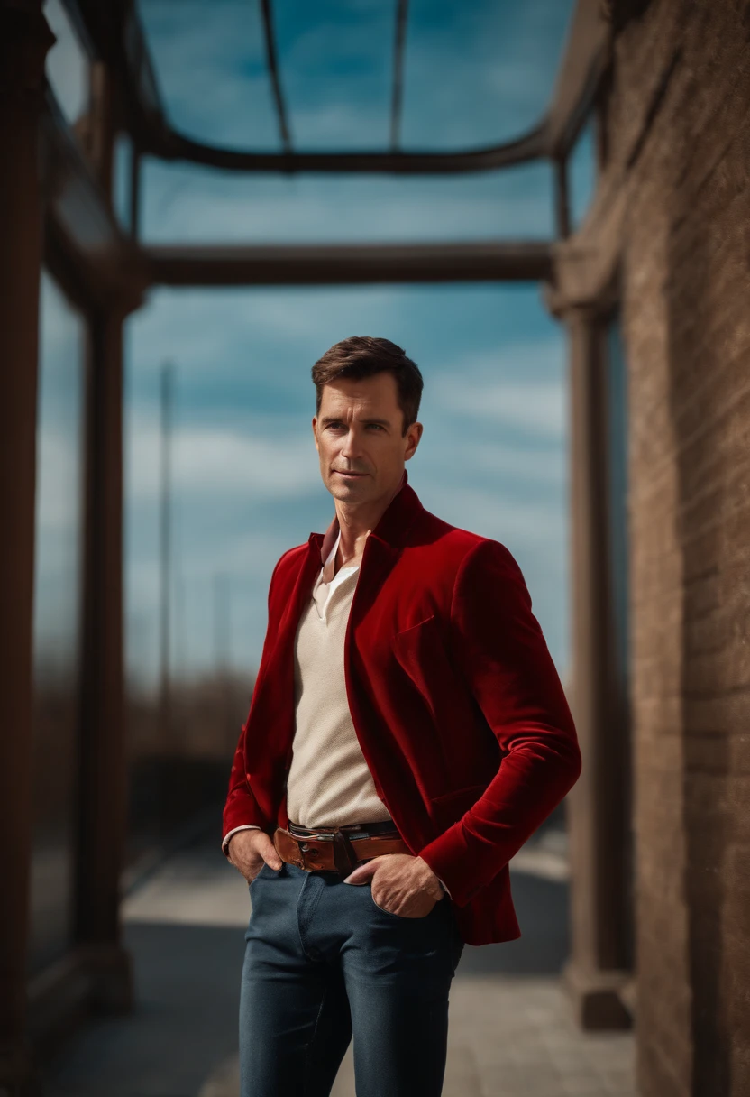A handsom man in red, the style of patrick demarchelier. wearing a red velvet jacket and blue jeans , Tall and fit, (40 years old:1.1), (shaven:1.2), (short brown hair:1.5),(very short hair:1.6). in the style of ethereal beauty, realistic blue skies, hasselblad 1600f, hyper-realistic portraiture, bold colors, dynamic lines, smooth and polished .