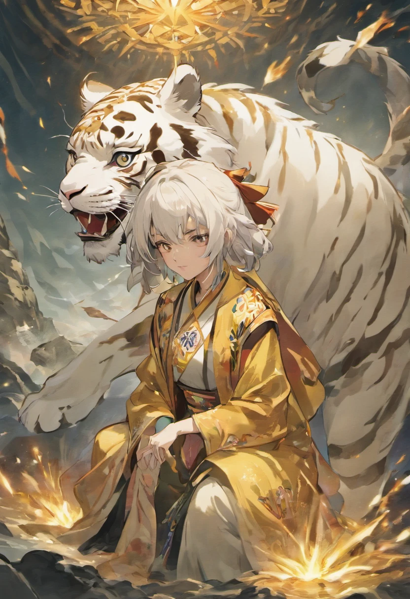 the white tiger,Mountain and Sea Sutra,mythological beasts,Handsome, mature face, extremely detailed, beautiful shadow and lighting, masterpiece, absurdes