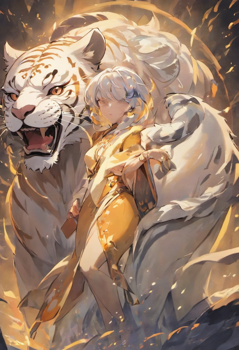 the white tiger，Mountain and Sea Sutra，mythological beasts，Handsome, mature face, extremely detailed, beautiful shadow and lighting, masterpiece, absurdes