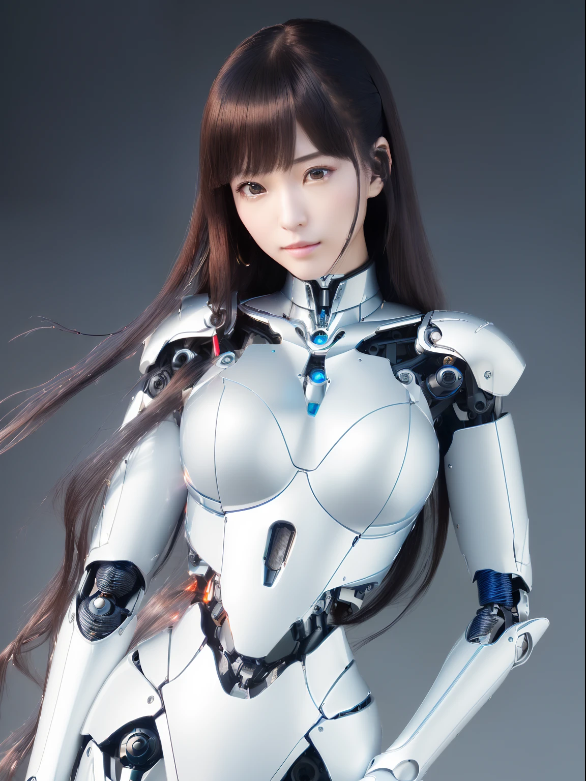 ((masutepiece)), ((top-quality), high quarity、ultra-definition, Realistic, fulcolor 、One beautiful robot woman、Joints of machines、Machine frame、White porcelain armor、(Curvaceous face)、deadpan、Black Long Hair、Wire to joint