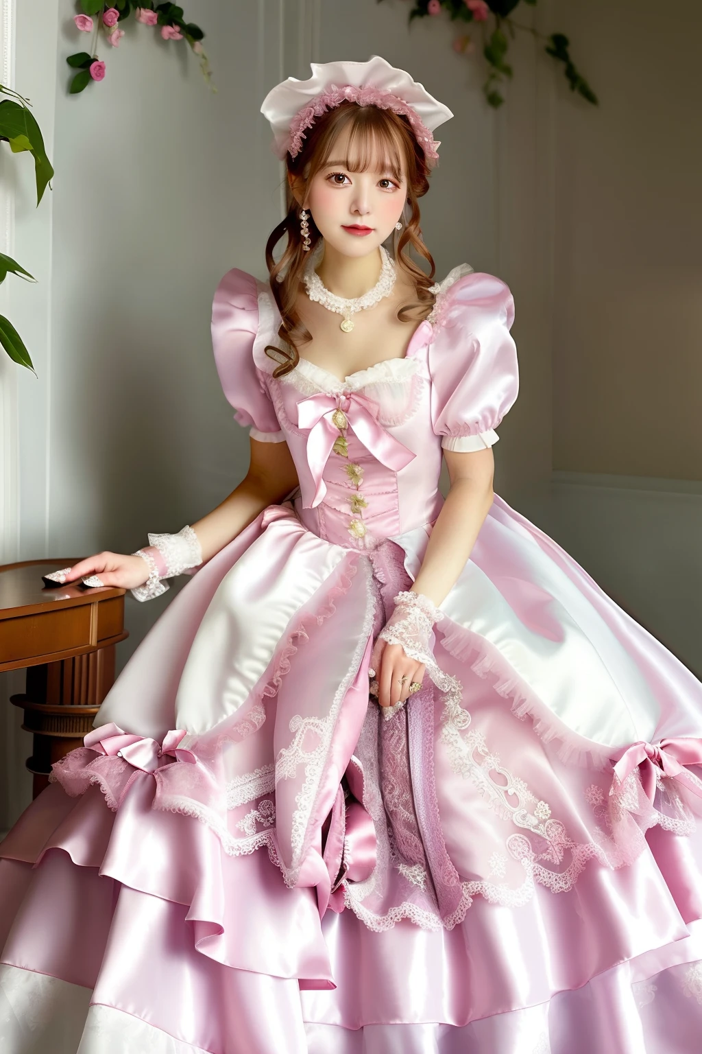 Close up portrait of woman in pink satin dress and white satin gloves, rococo dress, rococo queen, Victorian pink dress, rococo ruffles dress, dress in the style of rococo, fantasy dress, Lolita style, ethereal fairy tale, Icy Pink Dress, victorian dress, Lolita Fashion, magical dress, Full dress, fairycore, Belle Delphine