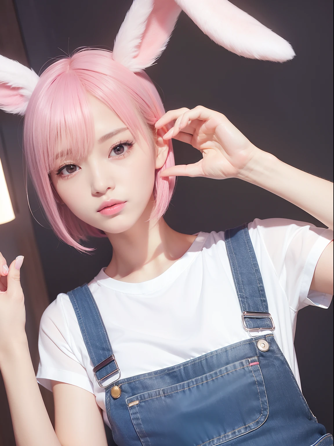 white t-shirts、Jeans fabric overalls、Pink hair、Realistic rabbit ears、rabbit ears pink hair sticking out of the head,,,,,,,,,,、Bewitching atmosphere、Beautiful shaped hands、K-POP、Pink rabbit ears、1 girl in、独奏、masterpiece、top-quality、realisitic、Hyper-detailing、(Glossy skin:1.4)、absurderes、short pink hair、Slender beauties、动态照明、hight resolution、foco nítido、depth of fields、(thick thight:1.0)、A slender :1.2、((Short-cut bob hair))、((k pop:1.3))、Highly detailed facial and skin texture、((魅惑的))、Anatomically correct number of fingers、Correct anatomy、Angle from below